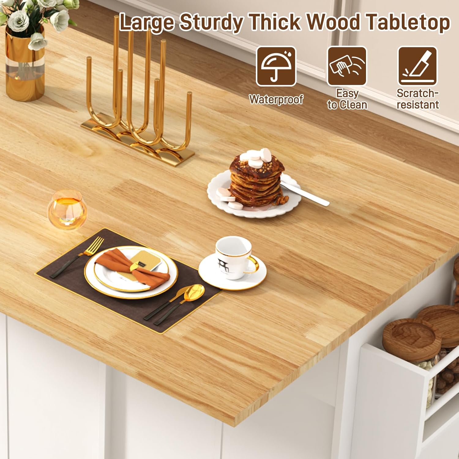 ANPOO 67" Rolling Kitchen Island with Drop Leaf, Tilt Out Kitchen Trash Cabinet 10 Gallon Storage, Kitchen Cart Island with Rubber wood Top, Spice Rack and Drawers