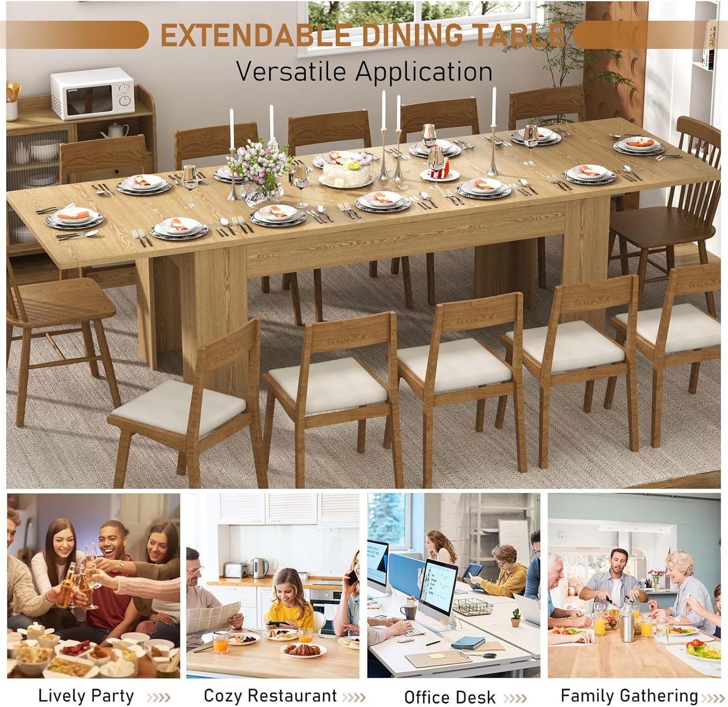 ChVans Large Mobile Extendable Dining Table for 6-10, Modern Wood Kitchen Table Rectangular Table for Dining Room, Living Room