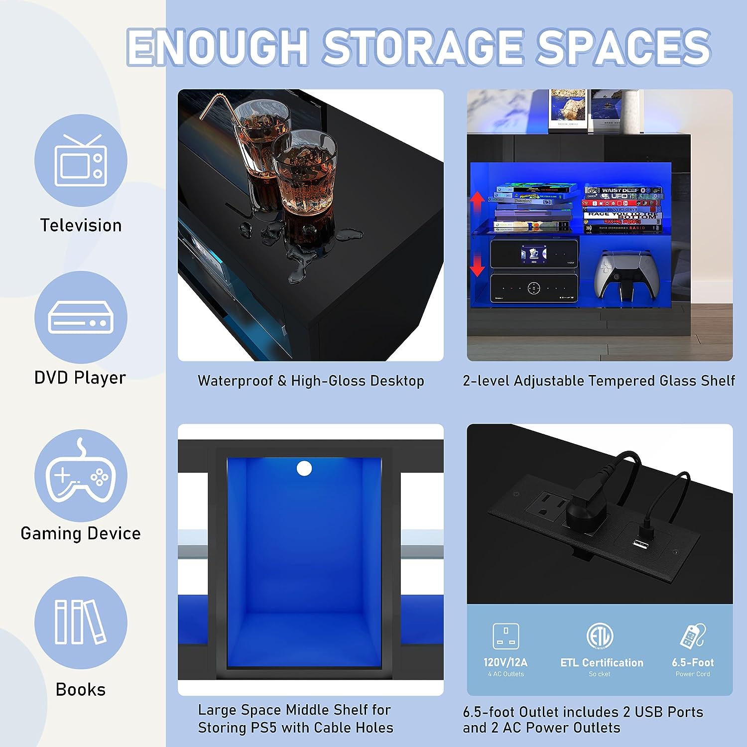 ChVans Modern LED TV Stand for TVs up to 70" with Adjustable LED Lights/Outlet, High Gloss Entertainment Center with Open Shelves Storage, Media Console TV Stands for Living Room, Game room, Bedroom