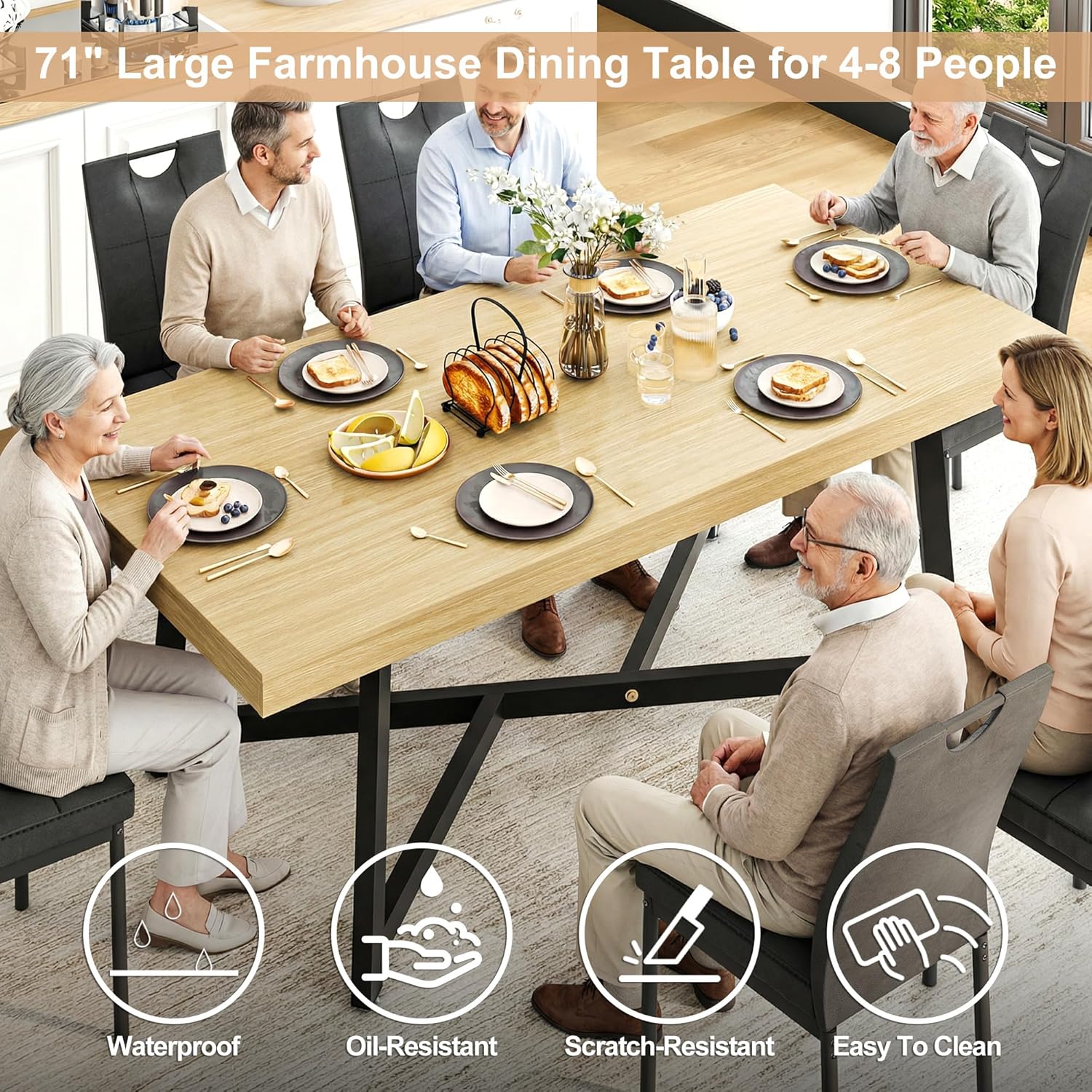 ChVans 71 Inch Farmhouse Dining Table for 4-8 People, Large Kitchen Table with Adjustable Heavy Duty Metal Leg, Rectangular Dining Table for Gathering, Kitchen, Dining Living Room