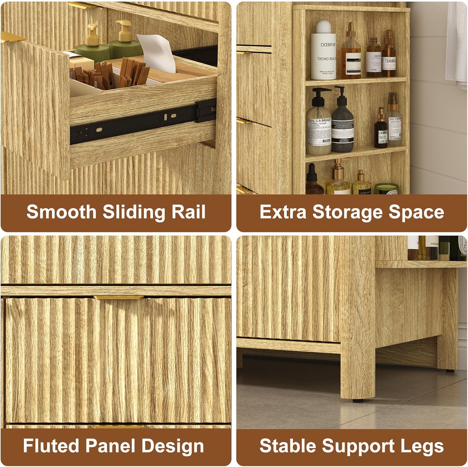 ANPOO 36" Bathroom Vanity with Sink & Faucet & Sewer Pipes, Mid-Century Modern Vanity with Ceramic Basin and Fluted Soft-Close Doors, Freestanding Bath Storage Vanity Sink Combo Set