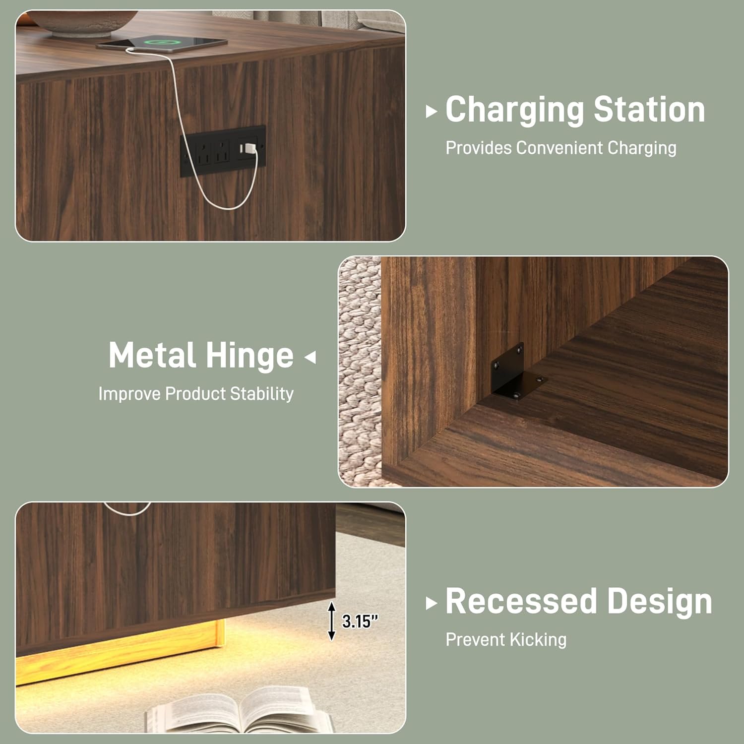 ANPOO 32" Mid Century Modern Square Coffee Table with LED Light & Power Outlet, 2-Tier Wood Cocktail Table with Storage for Living Room