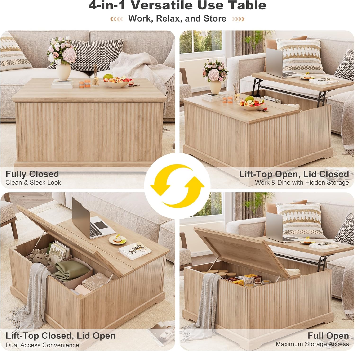 ANPOO Farmhouse Lift Top Coffee Table with Hidden Large Storage, 35.8 Inch Fluted Wood Square Center Table for Living Room, Bedroom, Home Office