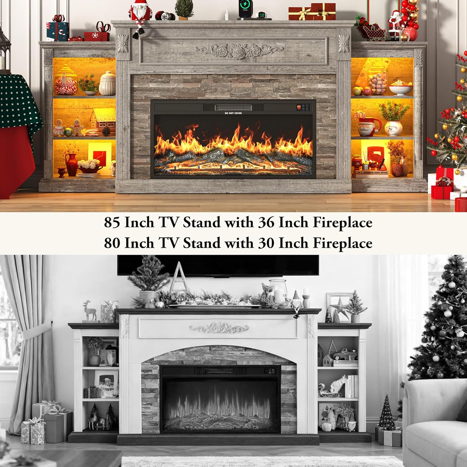 ANPOO 85" Electric Fireplace with Mantel, Fireplace TV Stand with 36" Fireplace for TVs Up to 95 Inch, 37.6" Tall Farmhouse Entertainment Center with LED Lights & Charging Station, Carved Decoration
