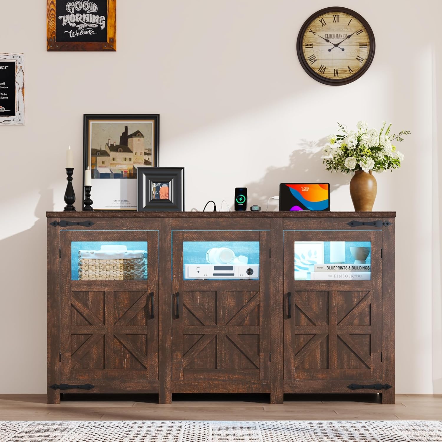 ChVans LED Farmhouse TV stand for up to 85" TVs with Power Outlet, 74" Large Entertainment Center Console Table, 33.5" Tall Rustic Media Console w/Storage Shelves for Living Room