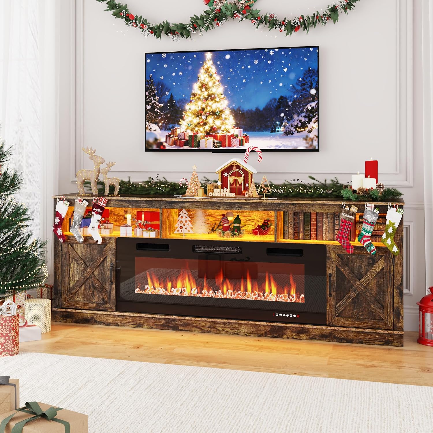 ChVans 83" Fireplace TV Stand for TVs up to 95" with 50" Electric Fireplace, Farmhouse Entertainment Center with LED, Wooden Media Console for Living Room, Bedroom