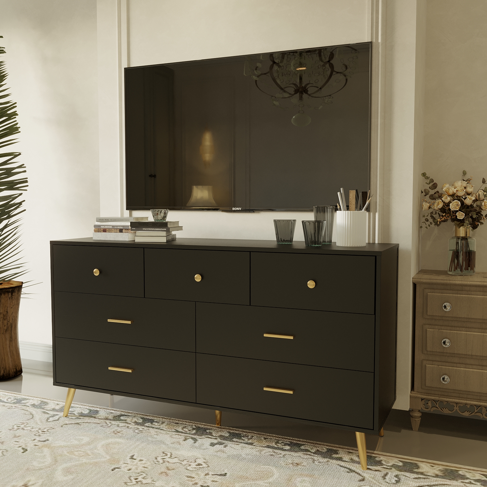 6 Drawer Dresser for Bedroom, Modern Wood Dresser with Wide Drawers and Metal Handles, Storage Chest of Drawers for Living Room Hallway Entryway