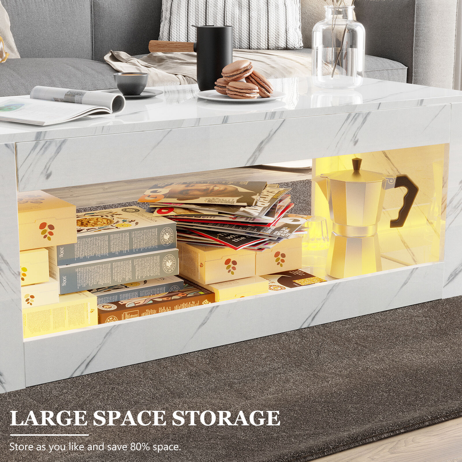 ChVans LED Coffee Table with Open Storage, Modern White Coffee Table with 16 Colors LED Lights, Rectangle Center End Table with Marbling Print for Living Room Bedroom