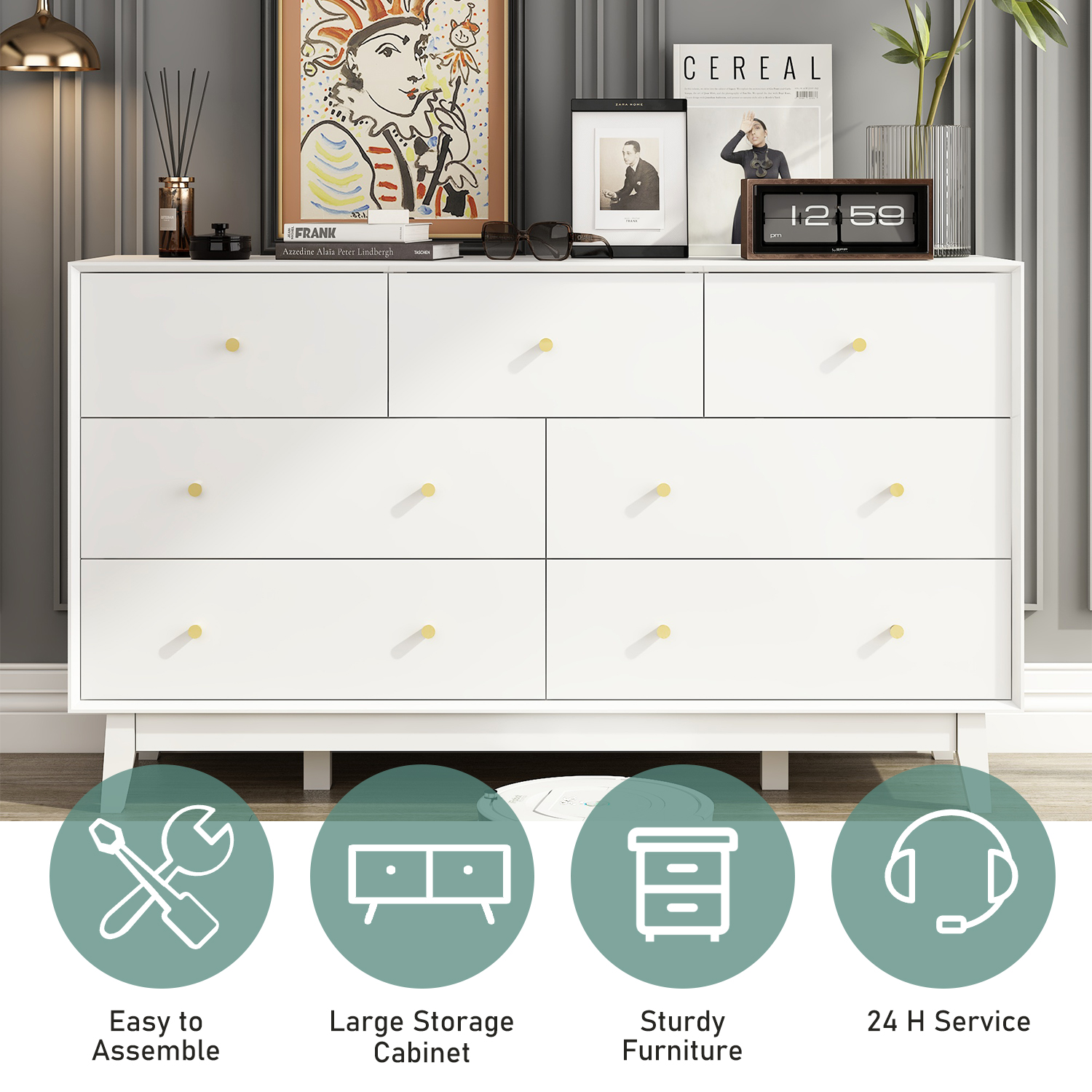 ChVans 7 Drawer Dresser for Bedroom, Wood Dressers with Metal Handles, Storage Cabinet Dressers for Bedroom, Hallway, Kids Room, Entryway, Hallway