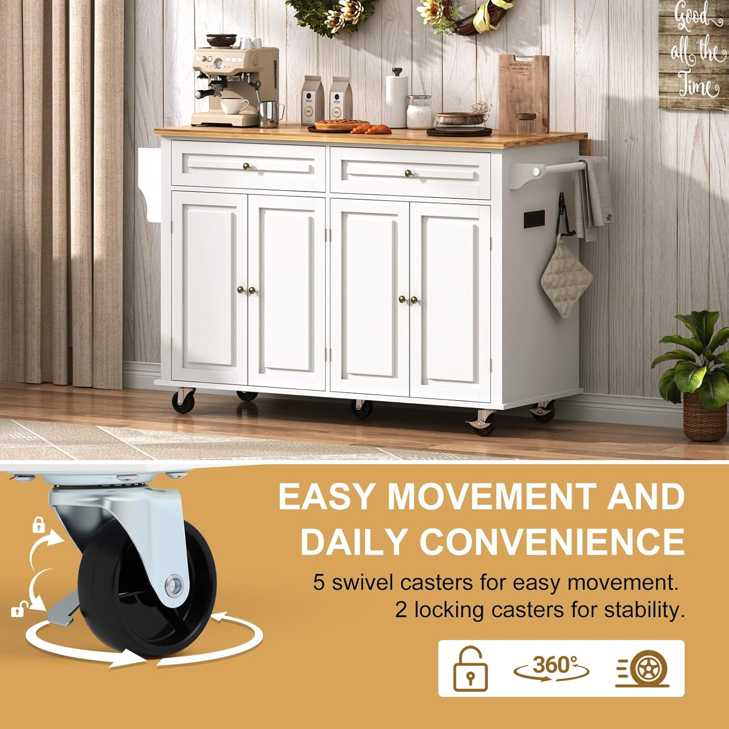 ChVans 59" W Kitchen Island with Drop Leaf, Rolling Kitchen Cart with Storage on Wheels, Large Island Table for Kitchen with Rubber Wood Top and Rack and Drawer