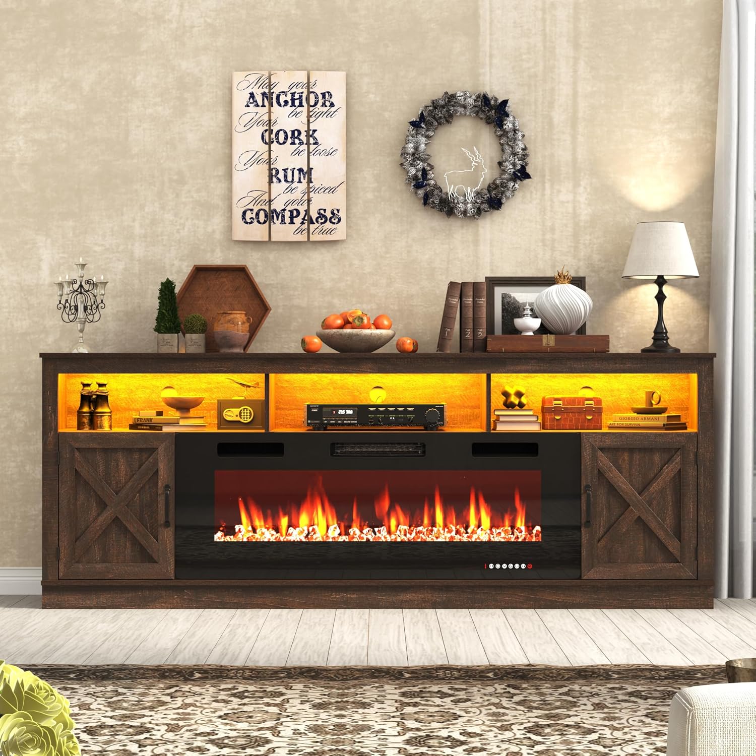 ChVans 83" Fireplace TV Stand for TVs up to 95" with 50" Electric Fireplace, Farmhouse Entertainment Center with LED, Wooden Media Console for Living Room, Bedroom