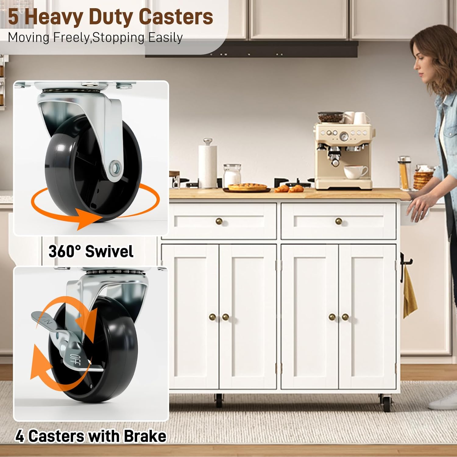 ANPOO 67" Rolling Kitchen Island with Drop Leaf, Tilt Out Kitchen Trash Cabinet 10 Gallon Storage, Kitchen Cart Island with Rubber wood Top, Spice Rack and Drawers