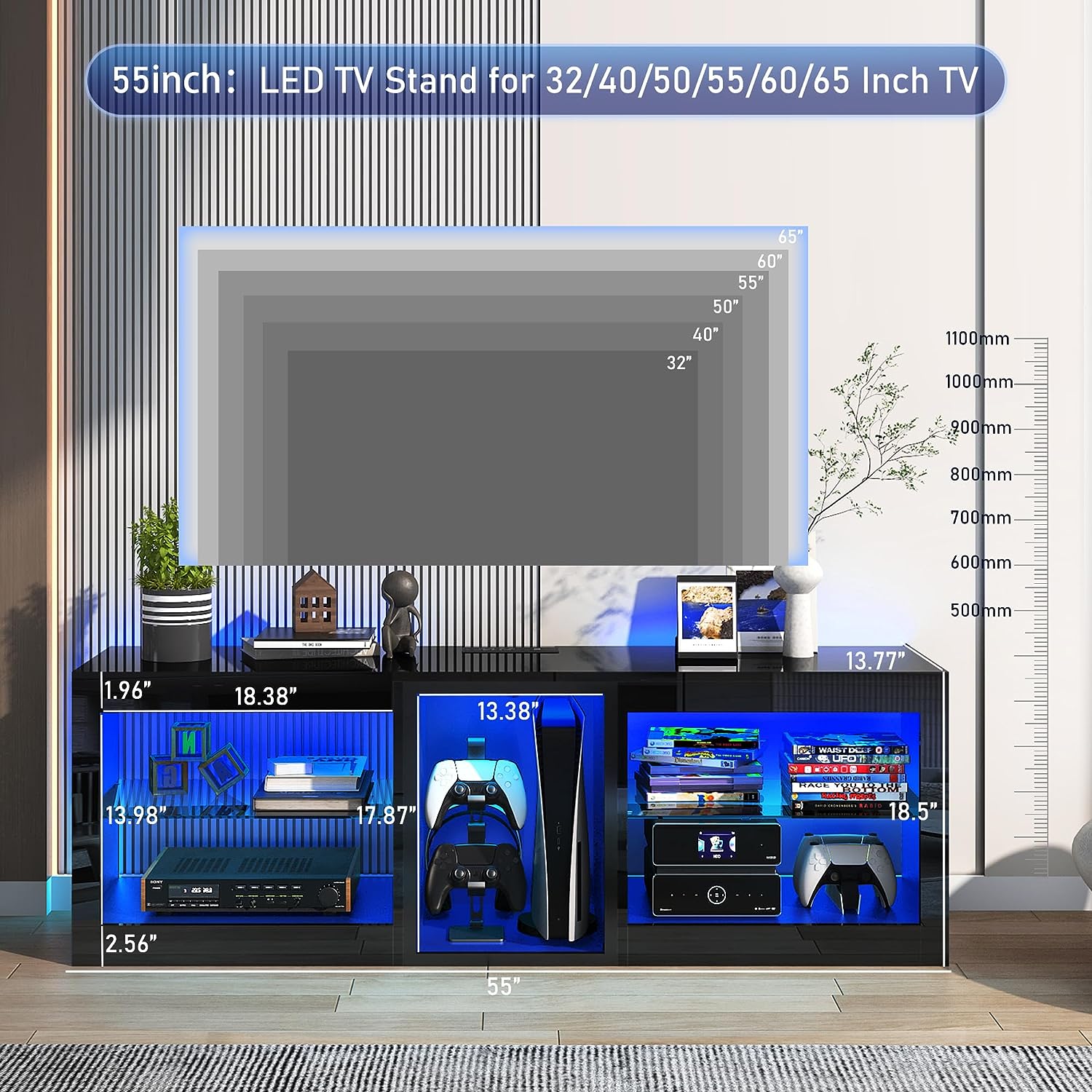 ChVans Modern LED TV Stand for TVs up to 70" with Adjustable LED Lights/Outlet, High Gloss Entertainment Center with Open Shelves Storage, Media Console TV Stands for Living Room, Game room, Bedroom