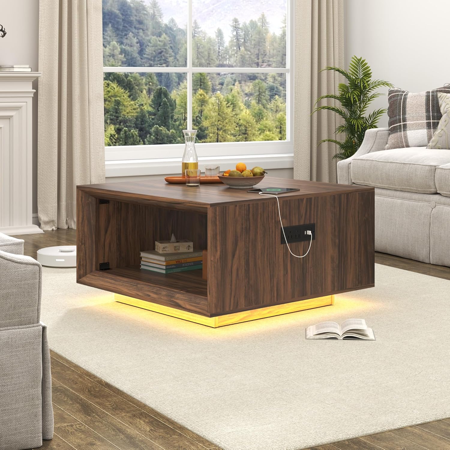 ANPOO 32" Mid Century Modern Square Coffee Table with LED Light & Power Outlet, 2-Tier Wood Cocktail Table with Storage for Living Room