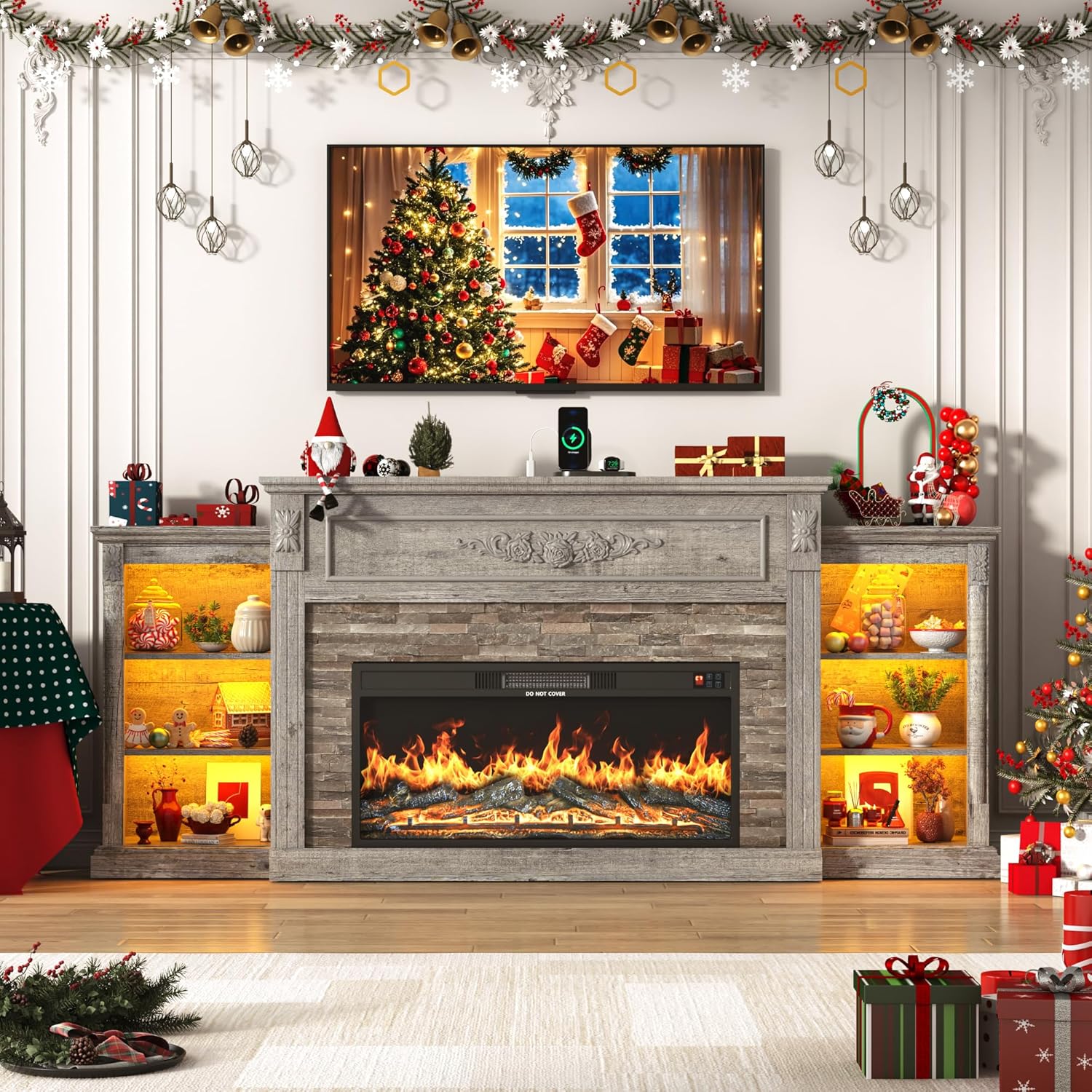 ANPOO 85" Electric Fireplace with Mantel, Fireplace TV Stand with 36" Fireplace for TVs Up to 95 Inch, 37.6" Tall Farmhouse Entertainment Center with LED Lights & Charging Station, Carved Decoration