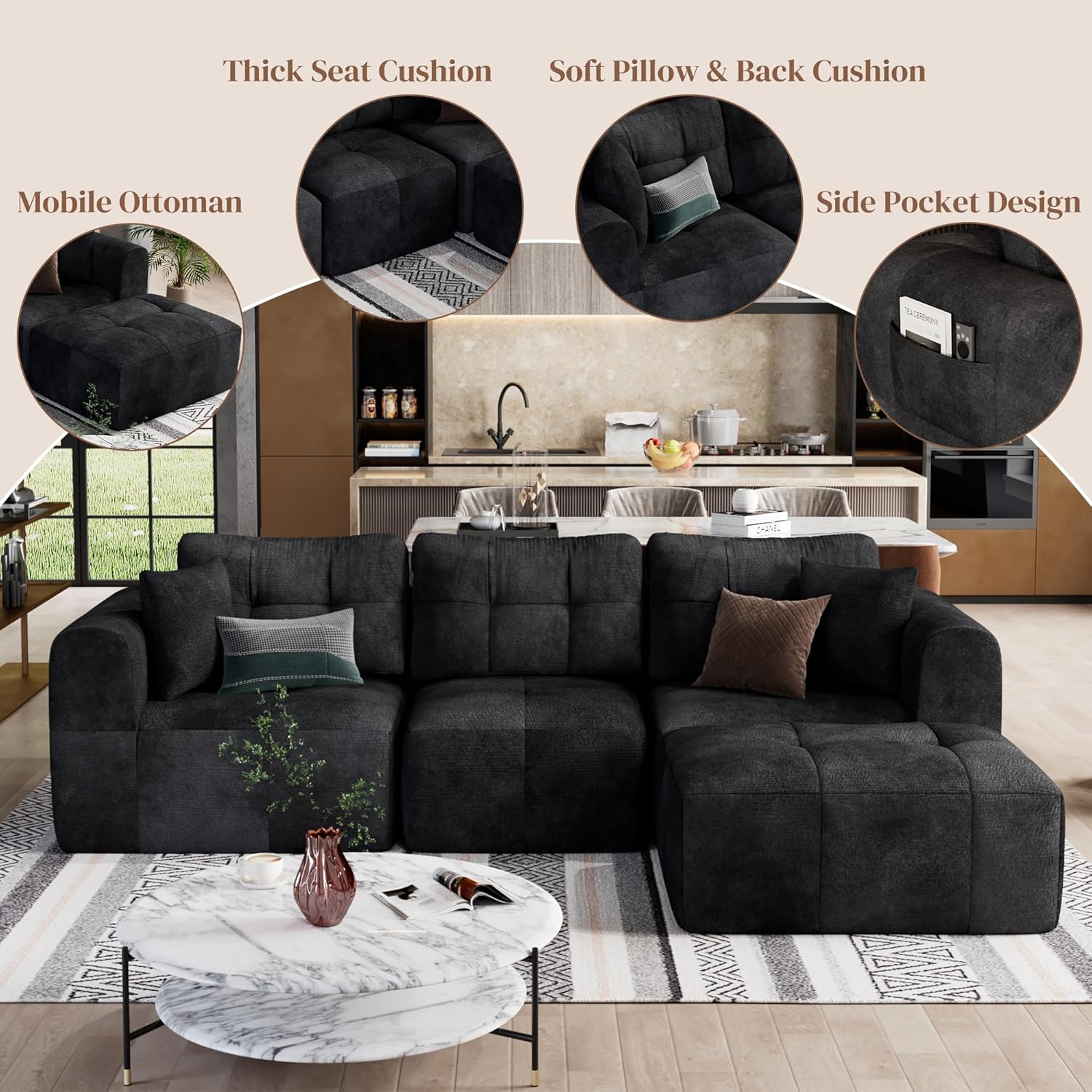 ChVans 110" L-Shaped Sectional Sofa with Convertible Left/Right Ottoman, Boneless Sofa with Oversized Chaise & Layered Cushion, Upholstered Couches for Living Room Bedroom, No Assembly