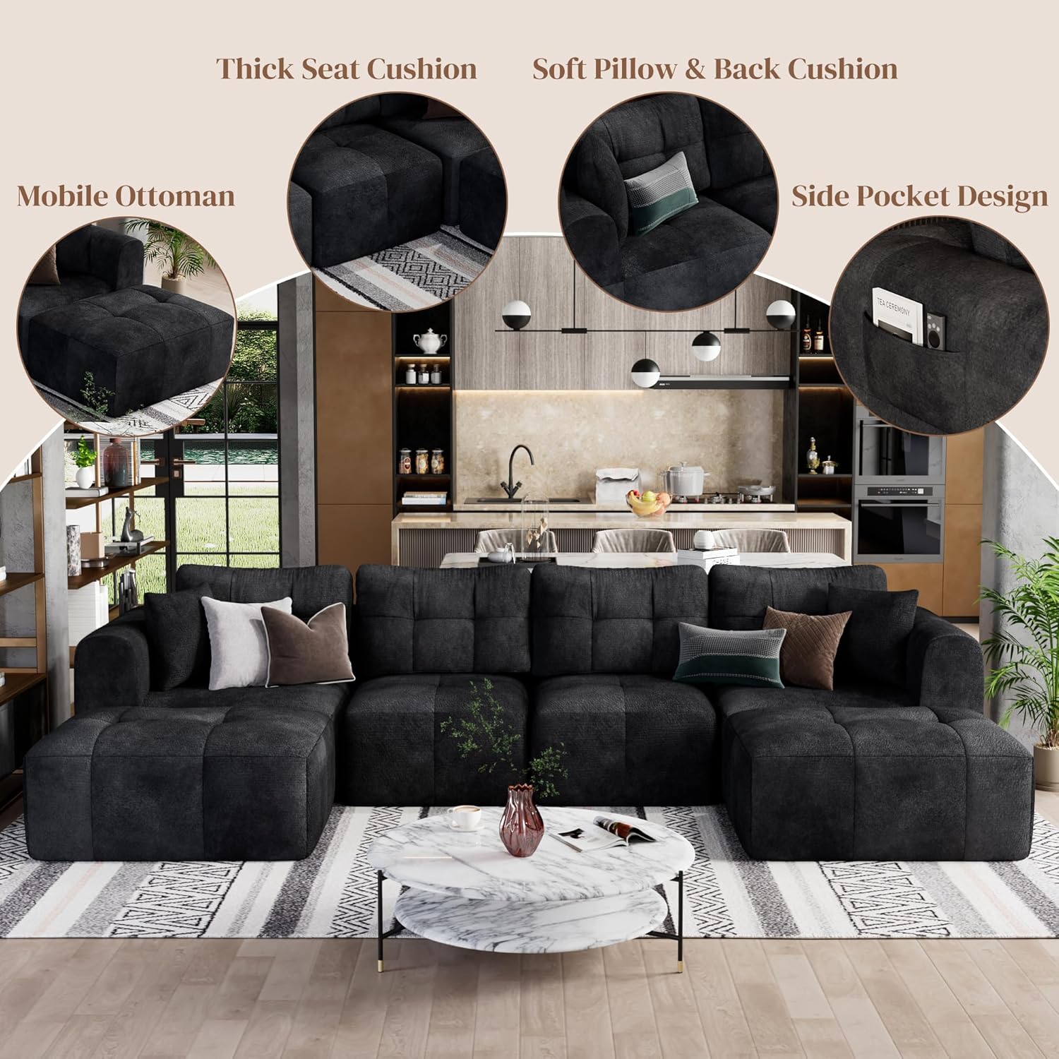 ChVans 110" L-Shaped Sectional Sofa with Convertible Left/Right Ottoman, Boneless Sofa with Oversized Chaise & Layered Cushion, Upholstered Couches for Living Room Bedroom, No Assembly