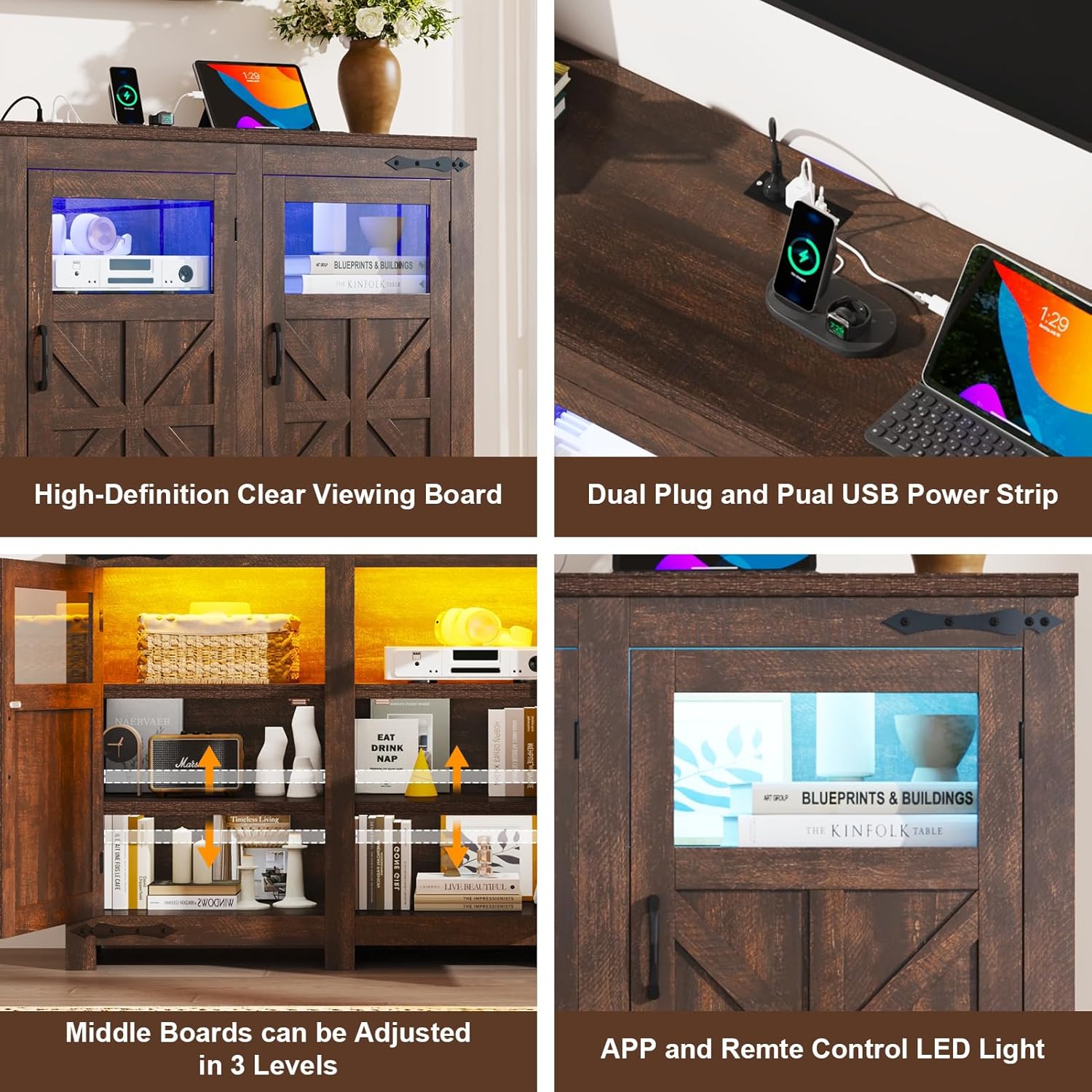 ChVans LED Farmhouse TV stand for up to 85" TVs with Power Outlet, 74" Large Entertainment Center Console Table, 33.5" Tall Rustic Media Console w/Storage Shelves for Living Room