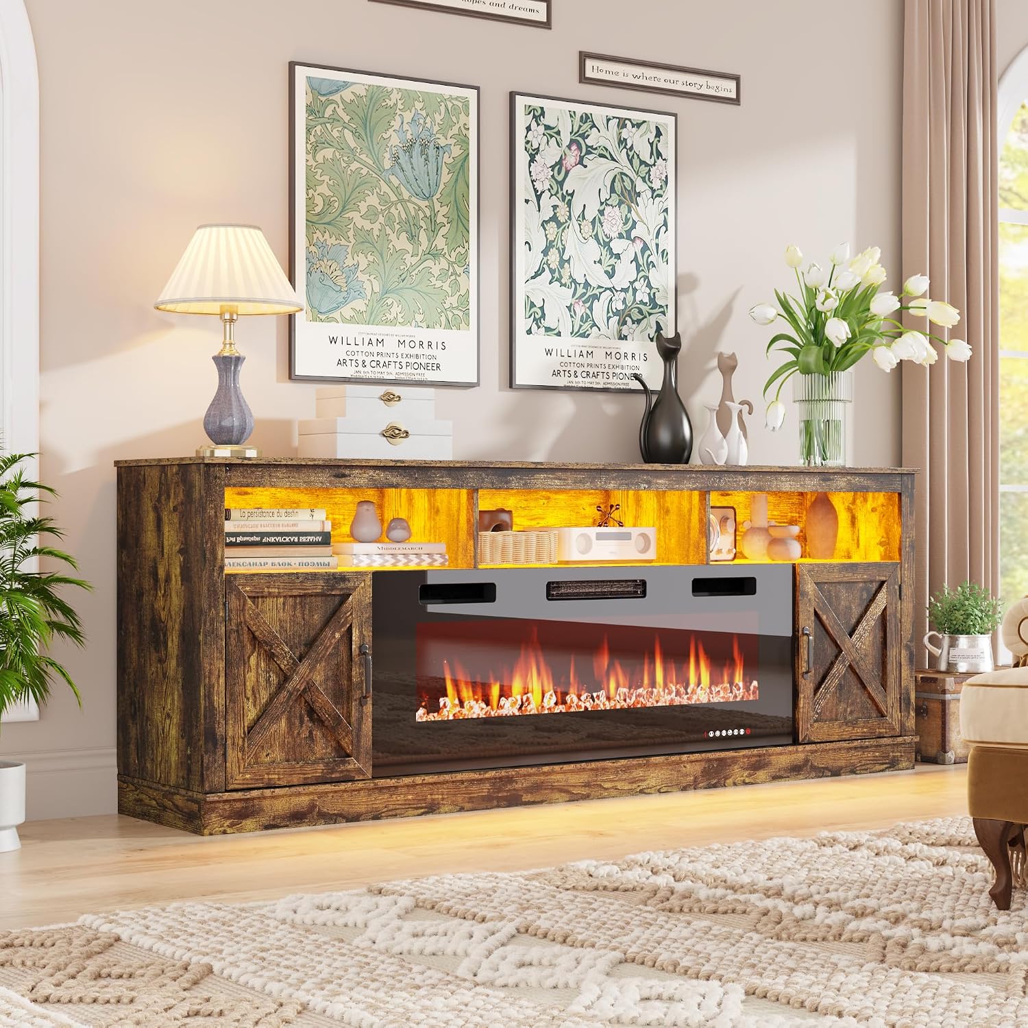 ChVans 83" Fireplace TV Stand for TVs up to 95" with 50" Electric Fireplace, Farmhouse Entertainment Center with LED, Wooden Media Console for Living Room, Bedroom