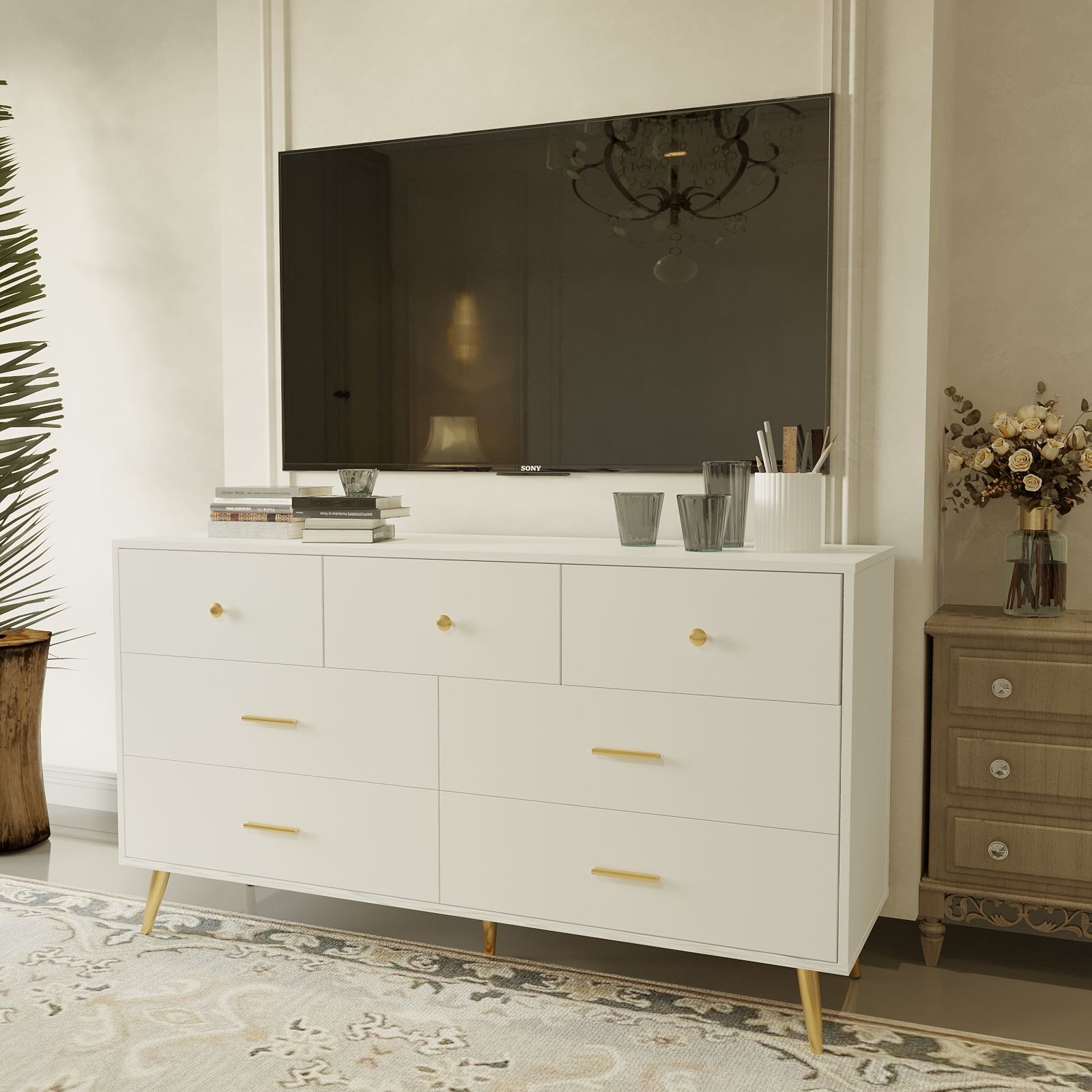 6 Drawer Dresser for Bedroom, Modern Wood Dresser with Wide Drawers and Metal Handles, Storage Chest of Drawers for Living Room Hallway Entryway