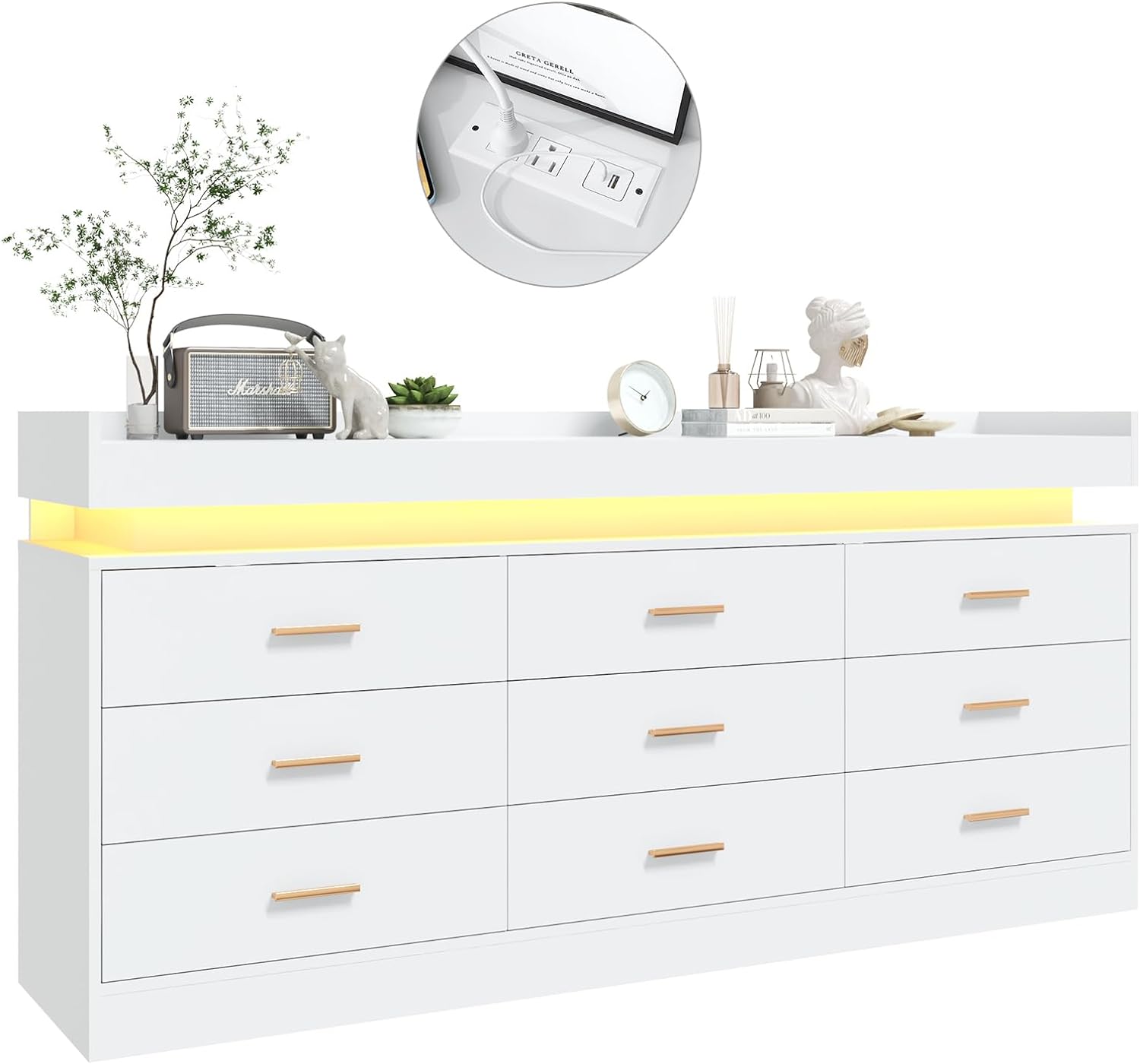 ANPOO 9 Drawer Dresser with LED Lights and Charging Station, Modern Double Wide Chest of Drawers with Power Outlet for Bedroom, Living Room