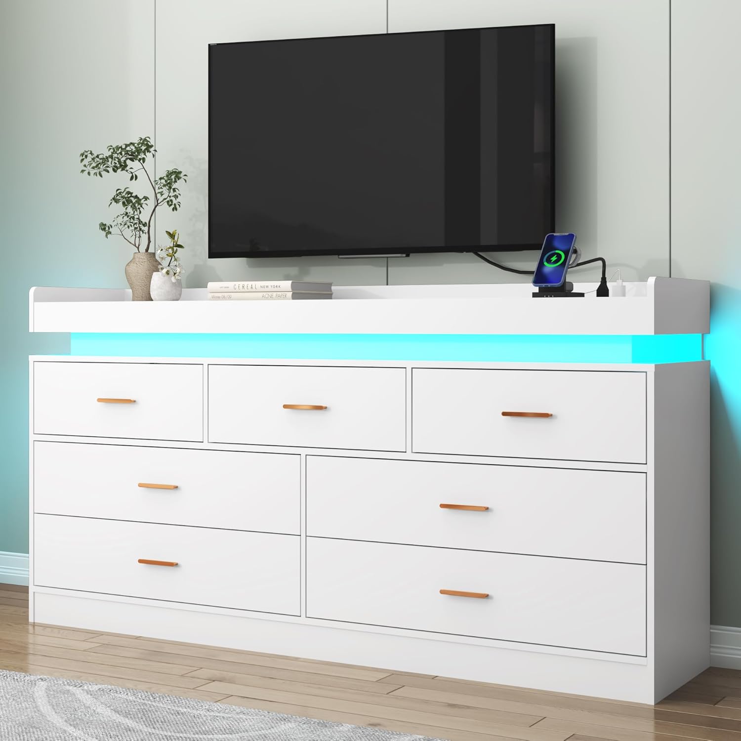 ChVans White Dresser with LED Light and Charging Station, Modern Wood Dresser with Wide Drawers and Metal Handles, 7 drawer dresser for Bedroom, Living Room, Entryway, Hallway