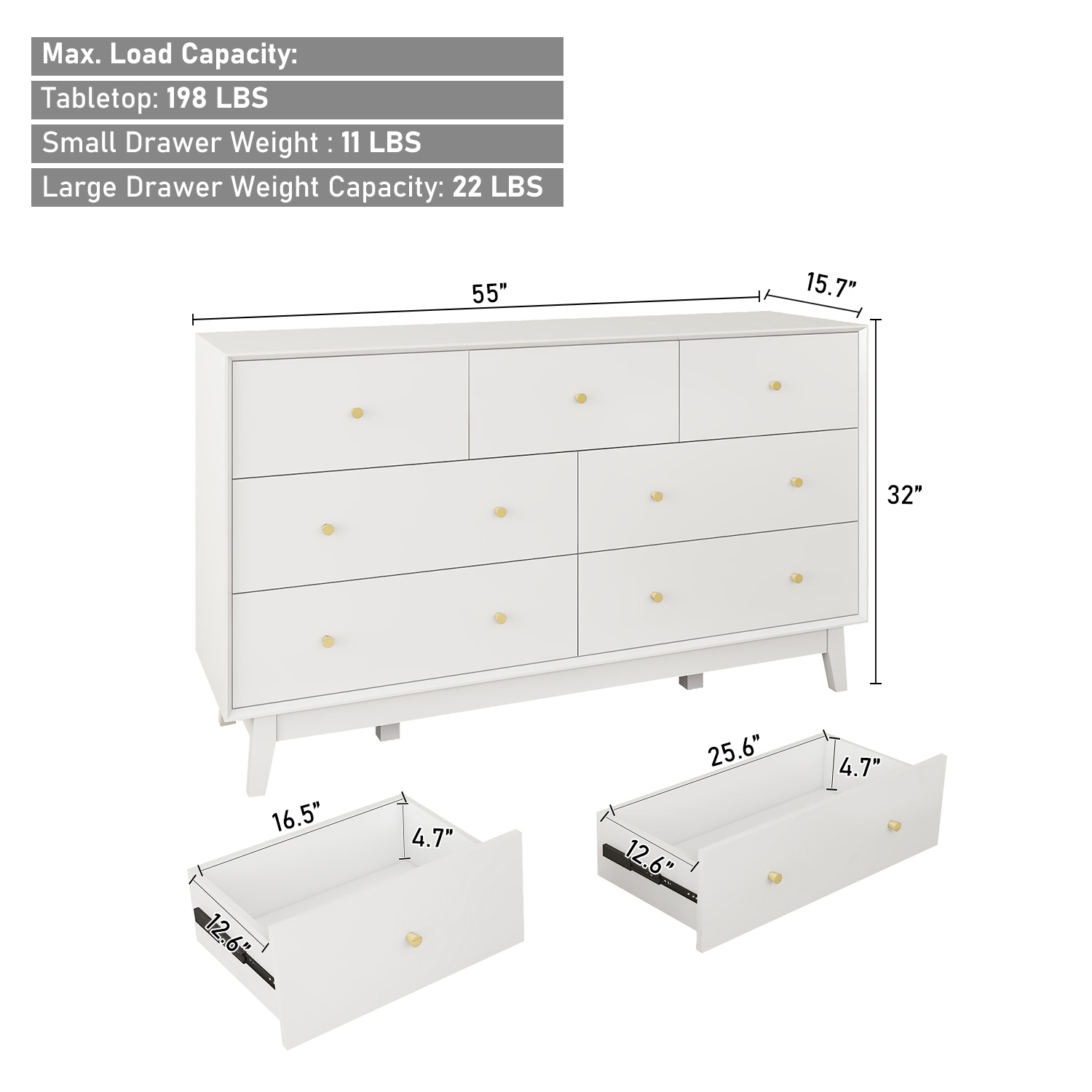 ChVans 7 Drawer Dresser for Bedroom, Wood Dressers with Metal Handles, Storage Cabinet Dressers for Bedroom, Hallway, Kids Room, Entryway, Hallway