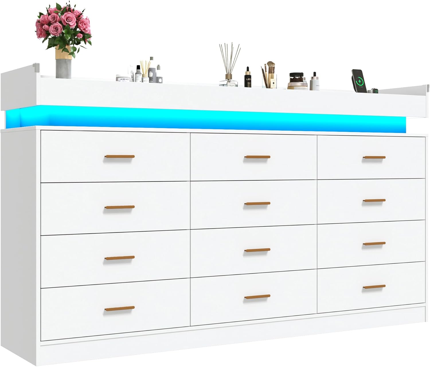 ChVans 12 Drawer Dresser with LED Lights and Charging Station, 70" Wide wood Chest of Drawers and Metal Handles, 45.7" Tall drawers dresser for bedroom, Living Room, Entryway, Hallway