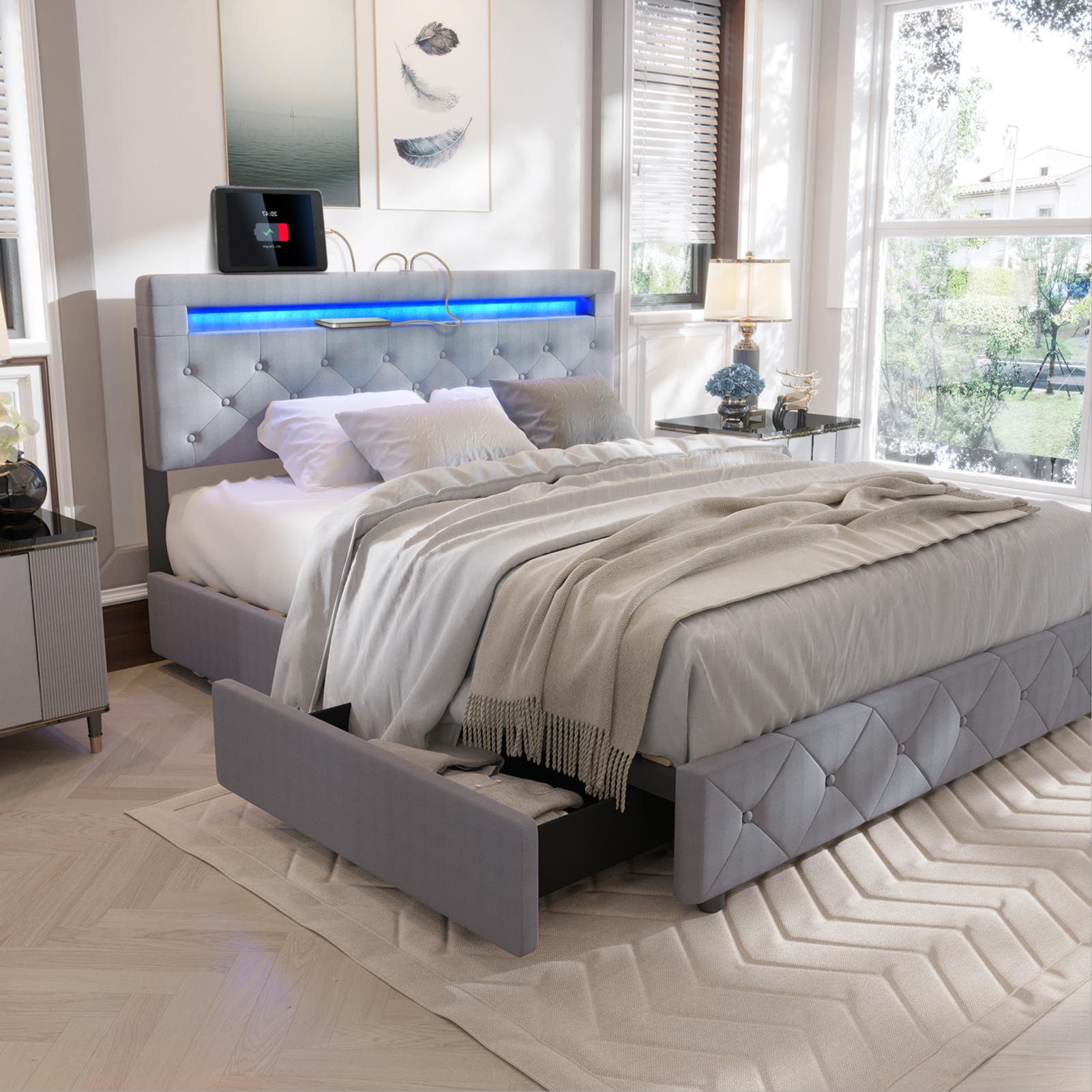 QUEEN Size Bed Frame with LED Light Headboard, Upholstered Platform Bed with 4 Drawers, Adjustable LED Lights Headboard