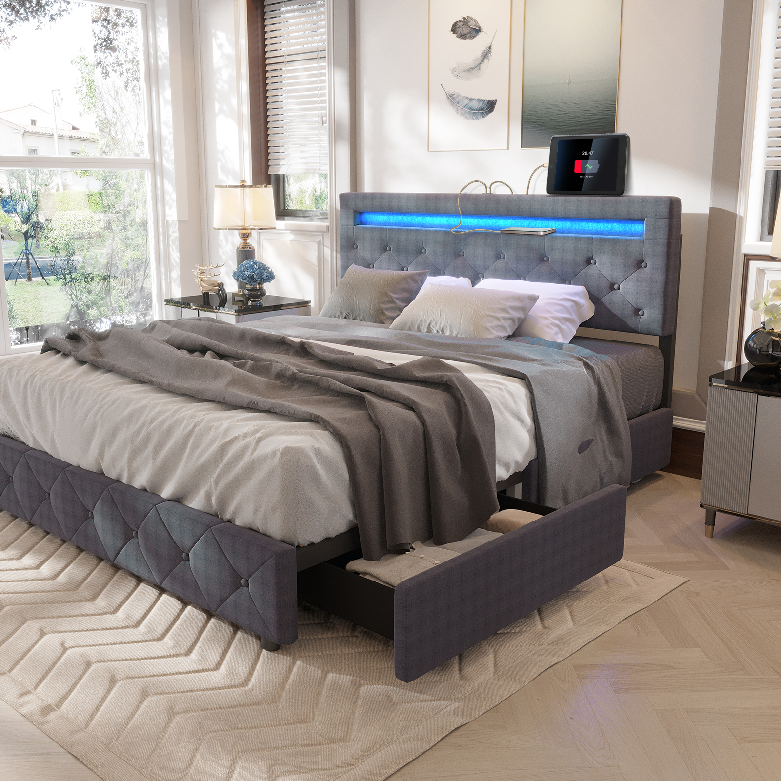QUEEN Size Bed Frame with LED Light Headboard, Upholstered Platform Bed with 4 Drawers, Adjustable LED Lights Headboard