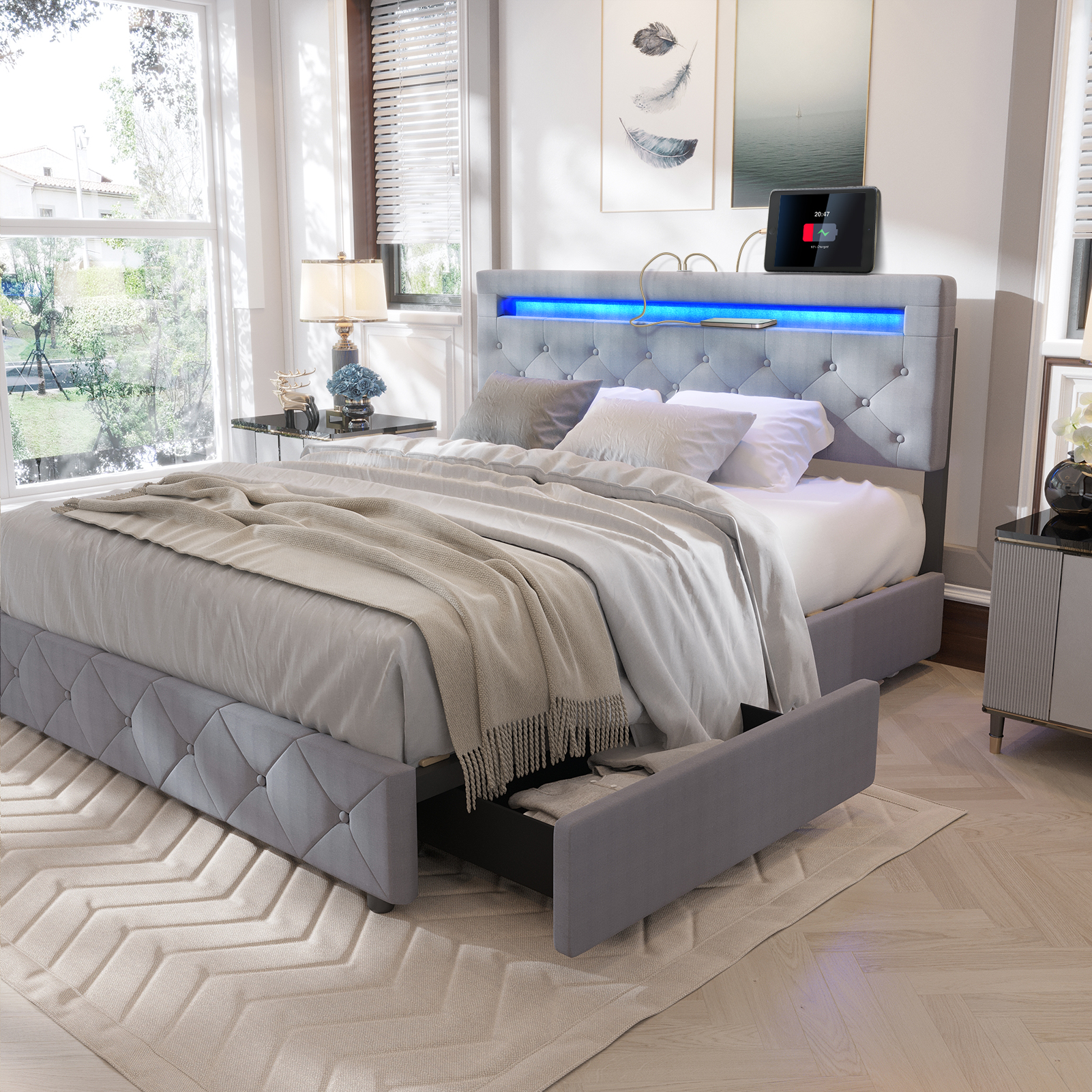 QUEEN Size Bed Frame with LED Light Headboard, Upholstered Platform Bed with 4 Drawers, Adjustable LED Lights Headboard