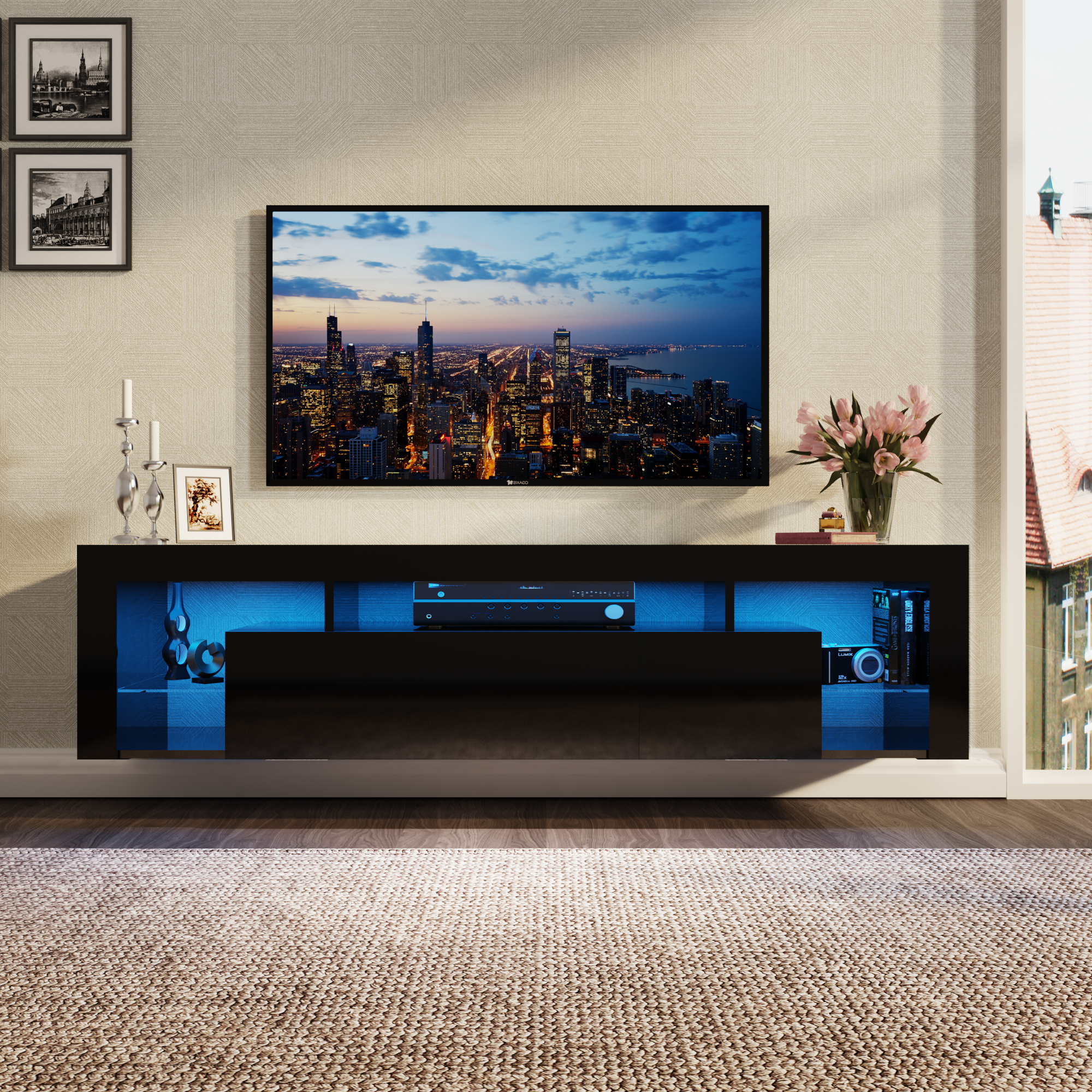 ChVans Floating TV Stand Wall Mounted for TVs up to 70", High Glossy Entertainment Center with 20 LED Lights, Hanging Remote TV Cabinet Media Console