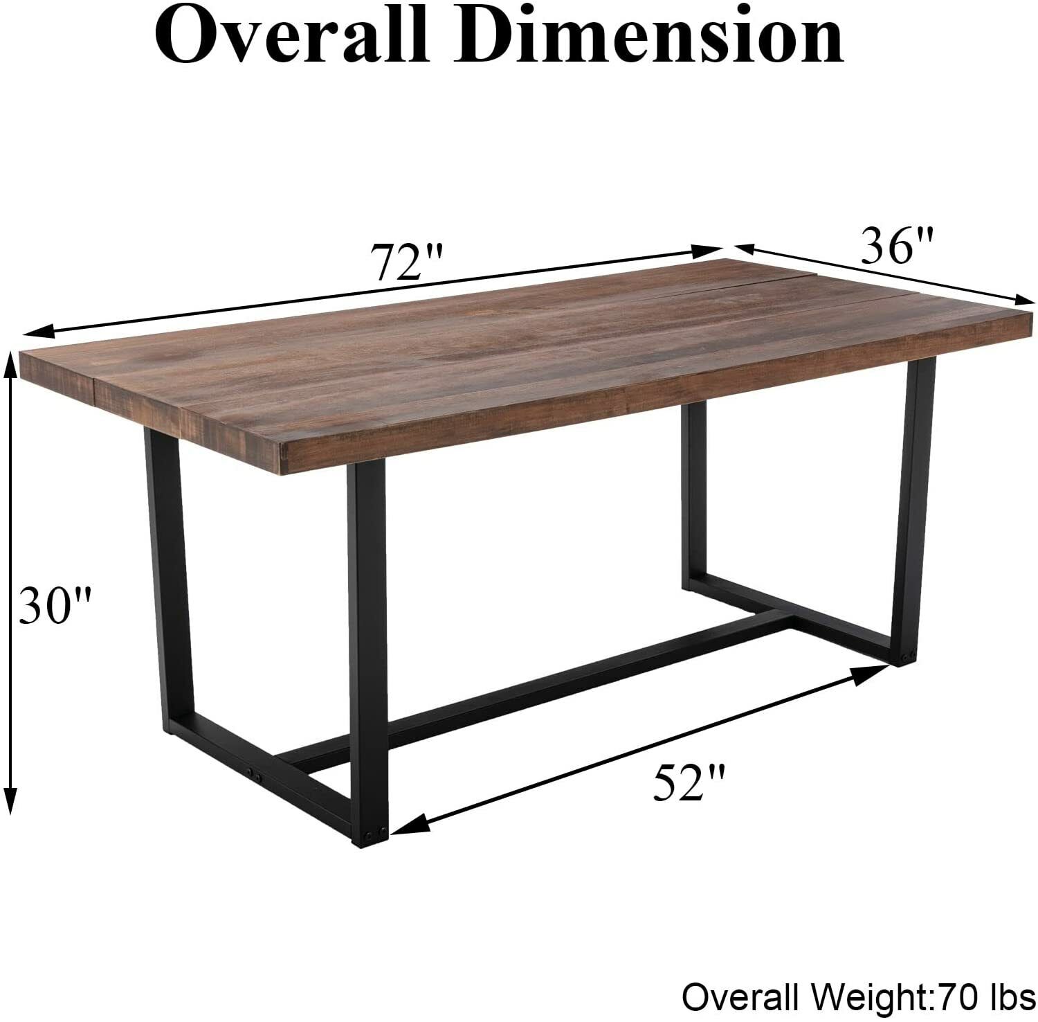 ChVans Dining Table for 4-6 Person, Rustic Farmhouse Solid Wood Dining Table with Metal Frame for Kitchen Meal(Brown-72 in Dining Table)