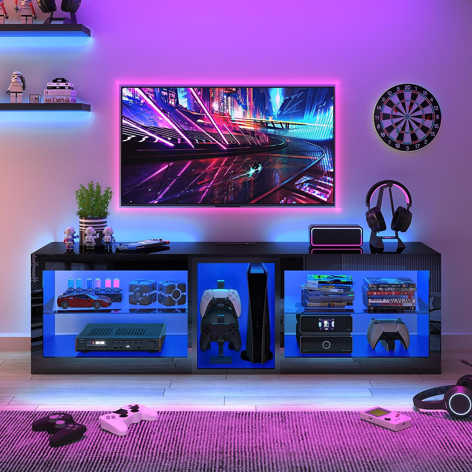 ChVans Modern LED TV Stand for TVs up to 70" with Adjustable LED Lights/Outlet, High Gloss Entertainment Center with Open Shelves Storage, Media Console TV Stands for Living Room, Game room, Bedroom