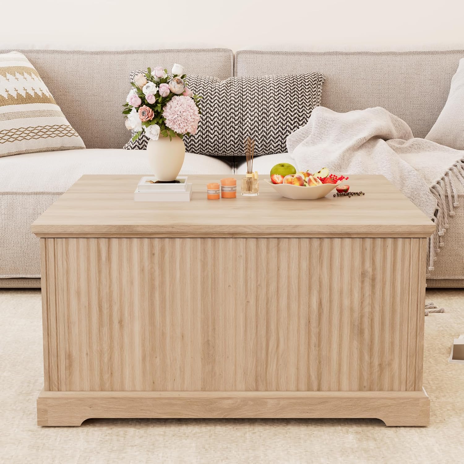 ANPOO Farmhouse Lift Top Coffee Table with Hidden Large Storage, 35.8 Inch Fluted Wood Square Center Table for Living Room, Bedroom, Home Office