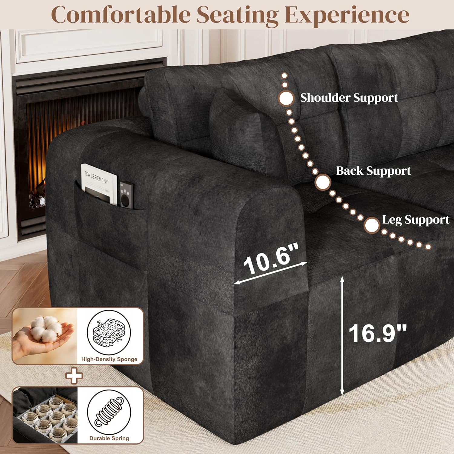 ChVans 110" L-Shaped Sectional Sofa with Convertible Left/Right Ottoman, Boneless Sofa with Oversized Chaise & Layered Cushion, Upholstered Couches for Living Room Bedroom, No Assembly