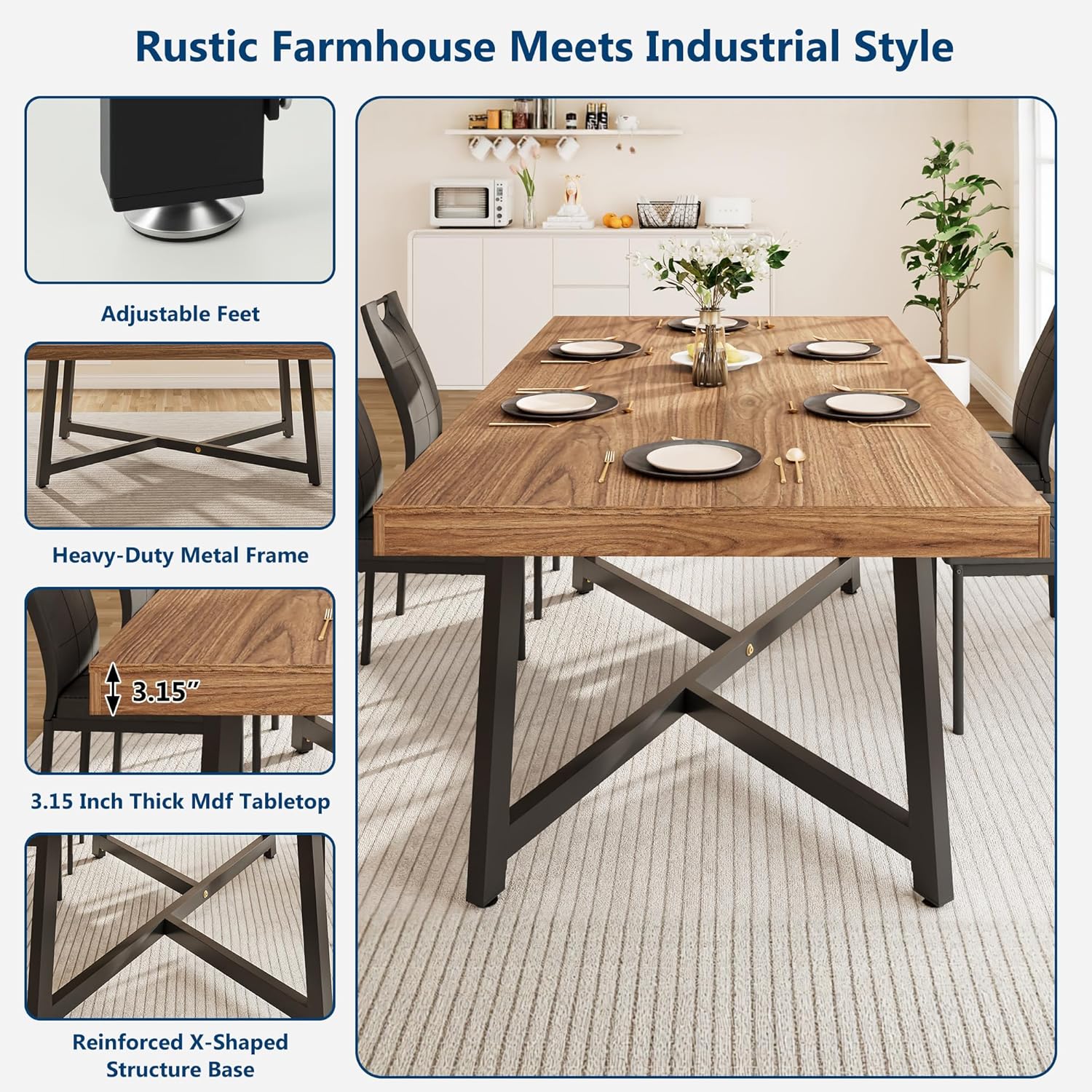 ANPOO 7 Pieces Dining Table & Chairs Set for 4-8 People, 71 Inch Kitchen Table with 6 Chairs, Rectangle Dining Table with Metal Legs for Dining Room, Living Room