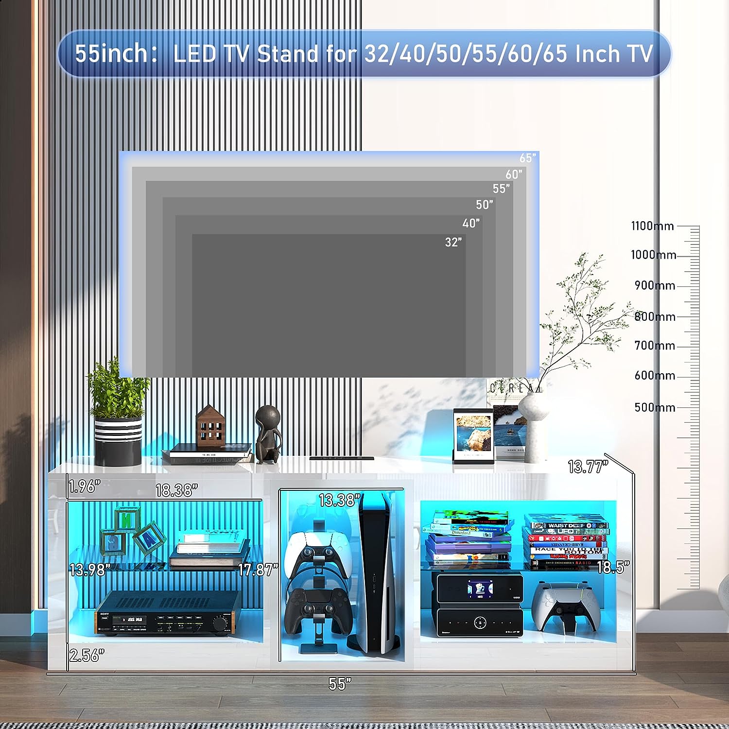 ChVans Modern LED TV Stand for TVs up to 70" with Adjustable LED Lights/Outlet, High Gloss Entertainment Center with Open Shelves Storage, Media Console TV Stands for Living Room, Game room, Bedroom