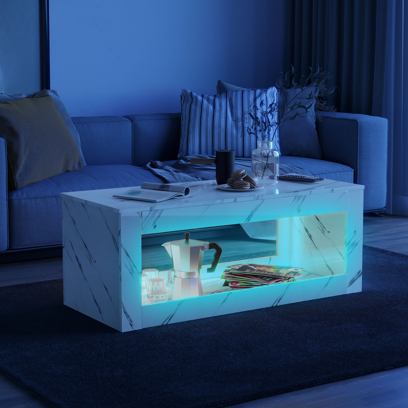 ChVans LED Coffee Table with Open Storage, Modern White Coffee Table with 16 Colors LED Lights, Rectangle Center End Table with Marbling Print for Living Room Bedroom