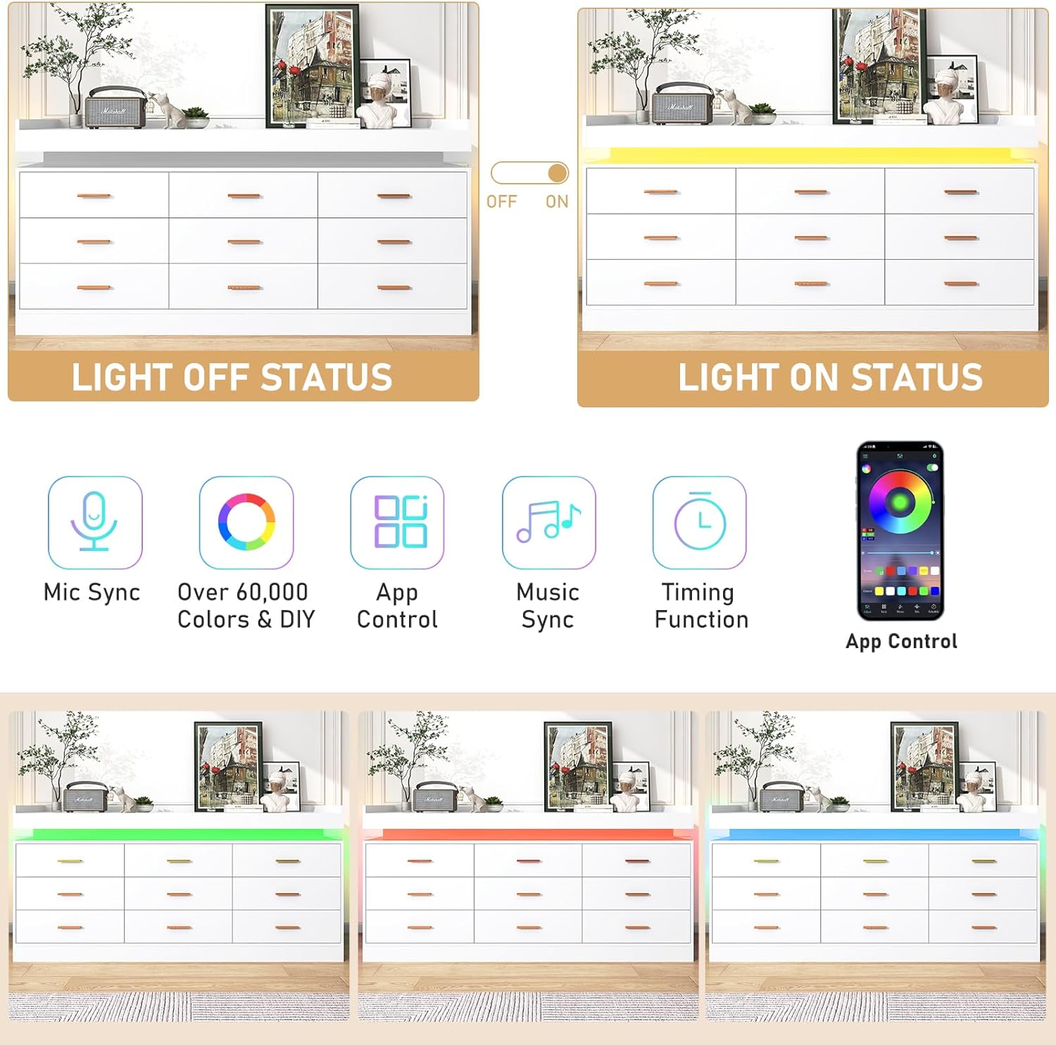 ANPOO 9 Drawer Dresser with LED Lights and Charging Station, Modern Double Wide Chest of Drawers with Power Outlet for Bedroom, Living Room