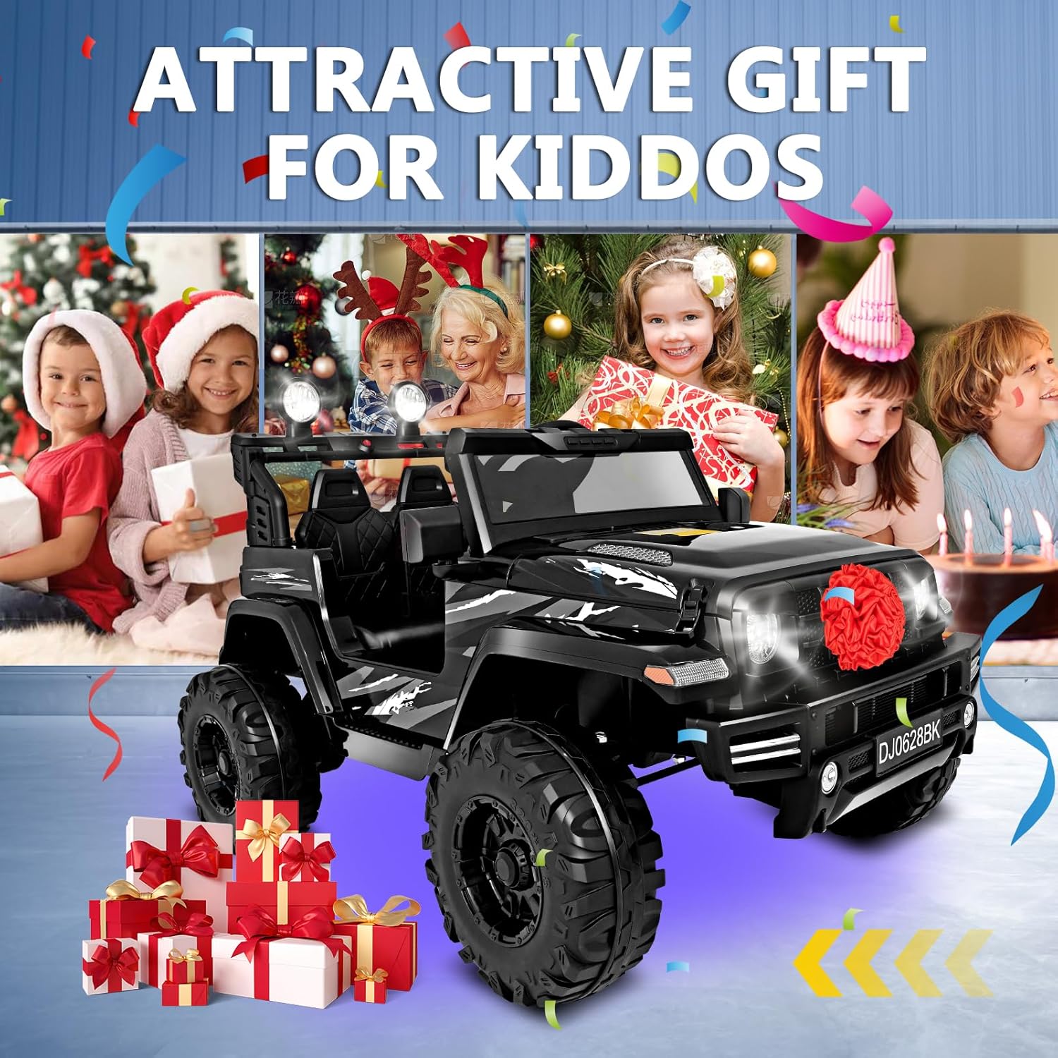 24 Volt Kids Electric Car Kids Ride On Car with Remote Control, 2-Seater Battery Powered Toy Car with LED Lights, Wheels Suspension, Music, Horn, 110 lbs Load