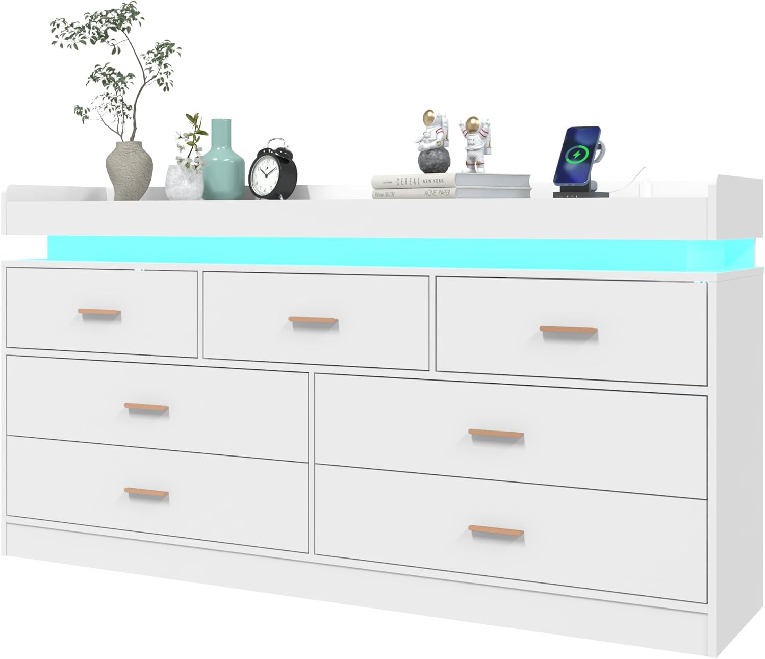 ChVans White Dresser with LED Light and Charging Station, Modern Wood Dresser with Wide Drawers and Metal Handles, 7 drawer dresser for Bedroom, Living Room, Entryway, Hallway