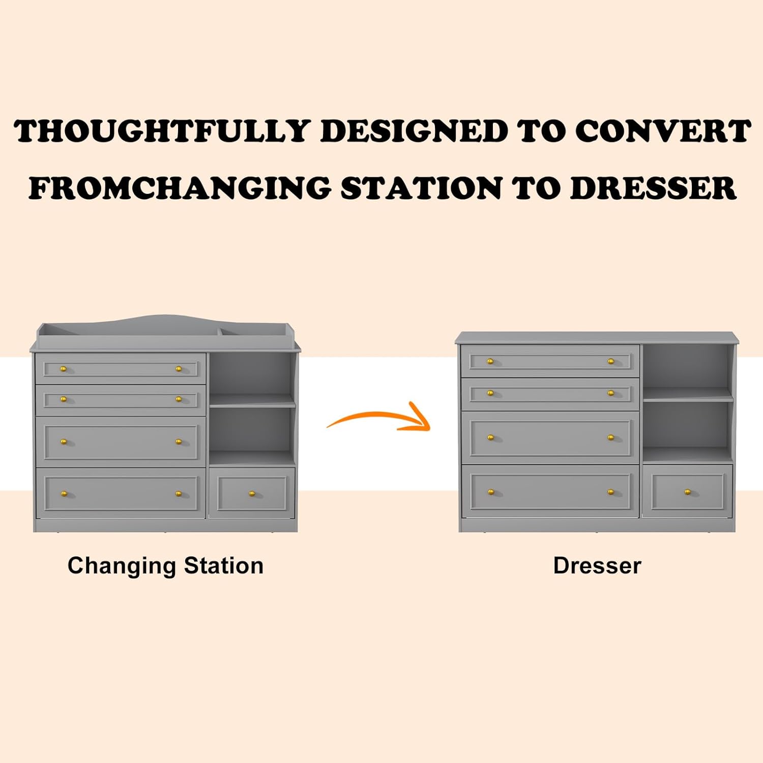 ChVans Changing Table Dresser, Baby Classic Nursery Dresser with 5 Drawers and 2 Shelves, Wood Chest of Drawers Nursery Storage Kids Organizer
