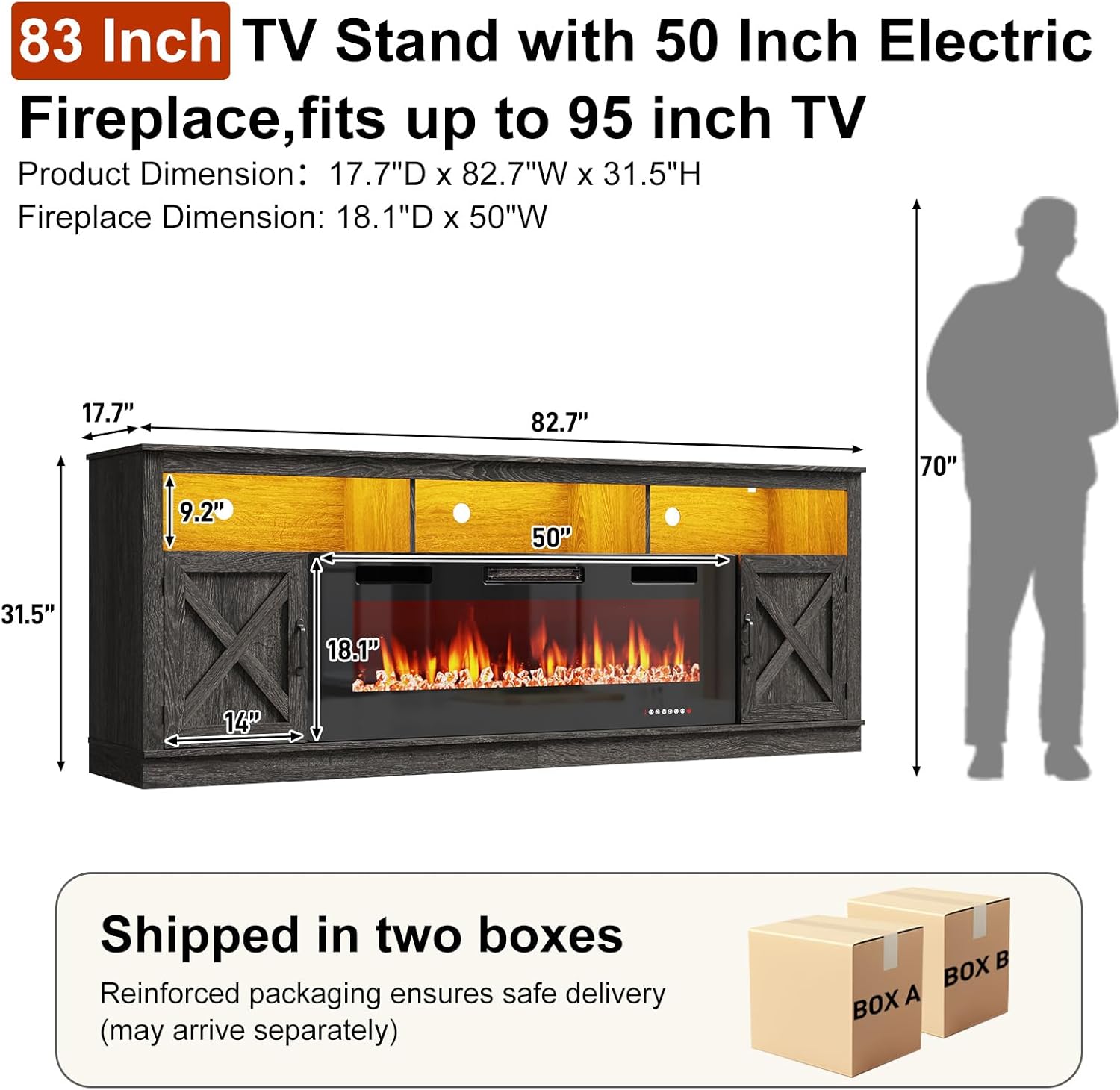 ChVans 83" Fireplace TV Stand for TVs up to 95" with 50" Electric Fireplace, Farmhouse Entertainment Center with LED, Wooden Media Console for Living Room, Bedroom