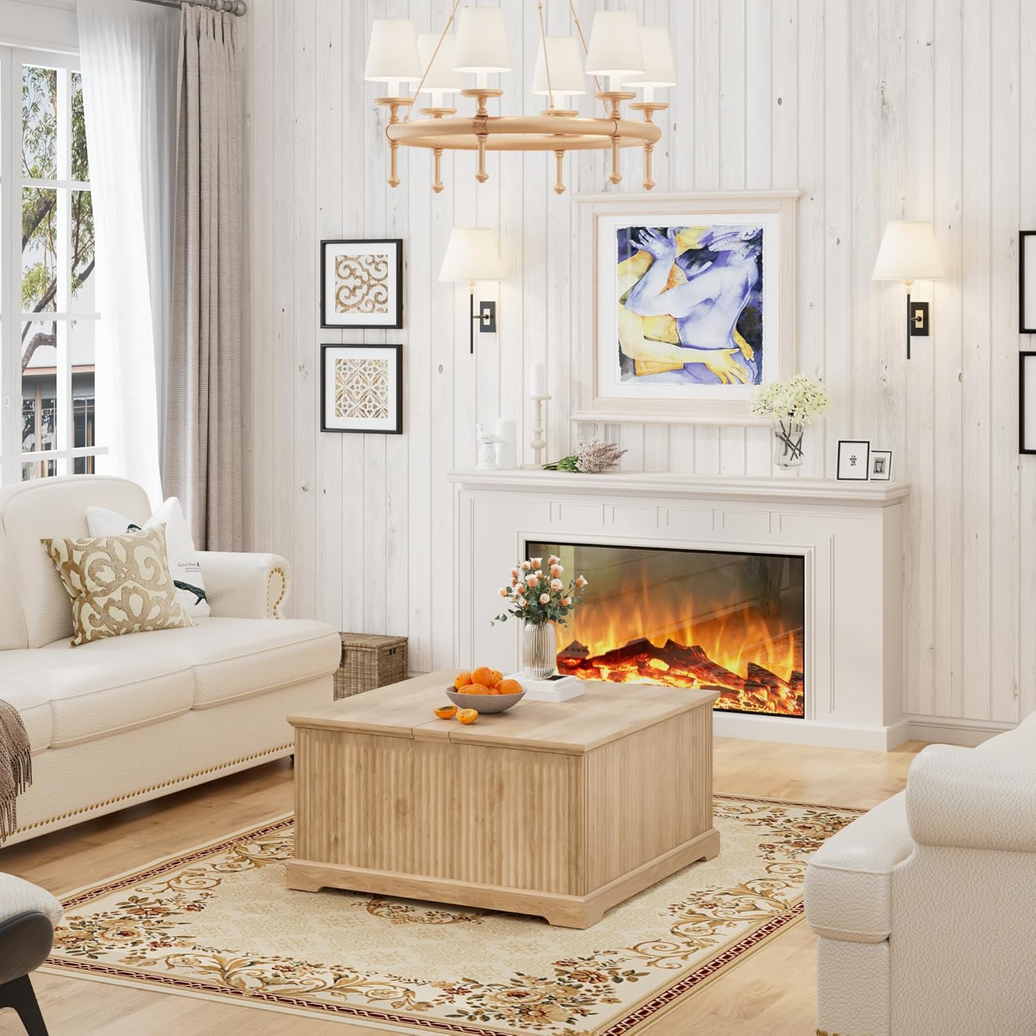 ANPOO Farmhouse Lift Top Coffee Table with Hidden Large Storage, 35.8 Inch Fluted Wood Square Center Table for Living Room, Bedroom, Home Office