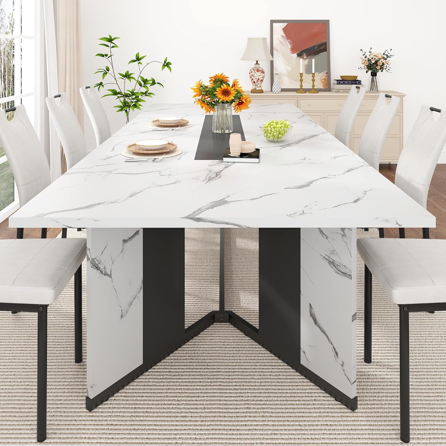 ANPOO 7-Piece Kitchen Dining Set for 4-8 People, 71" Rectangle Waterproof Wooden Table with 6 Chairs, Easy Clean Farmhouse Dining Table for Dining Room & Kitchen