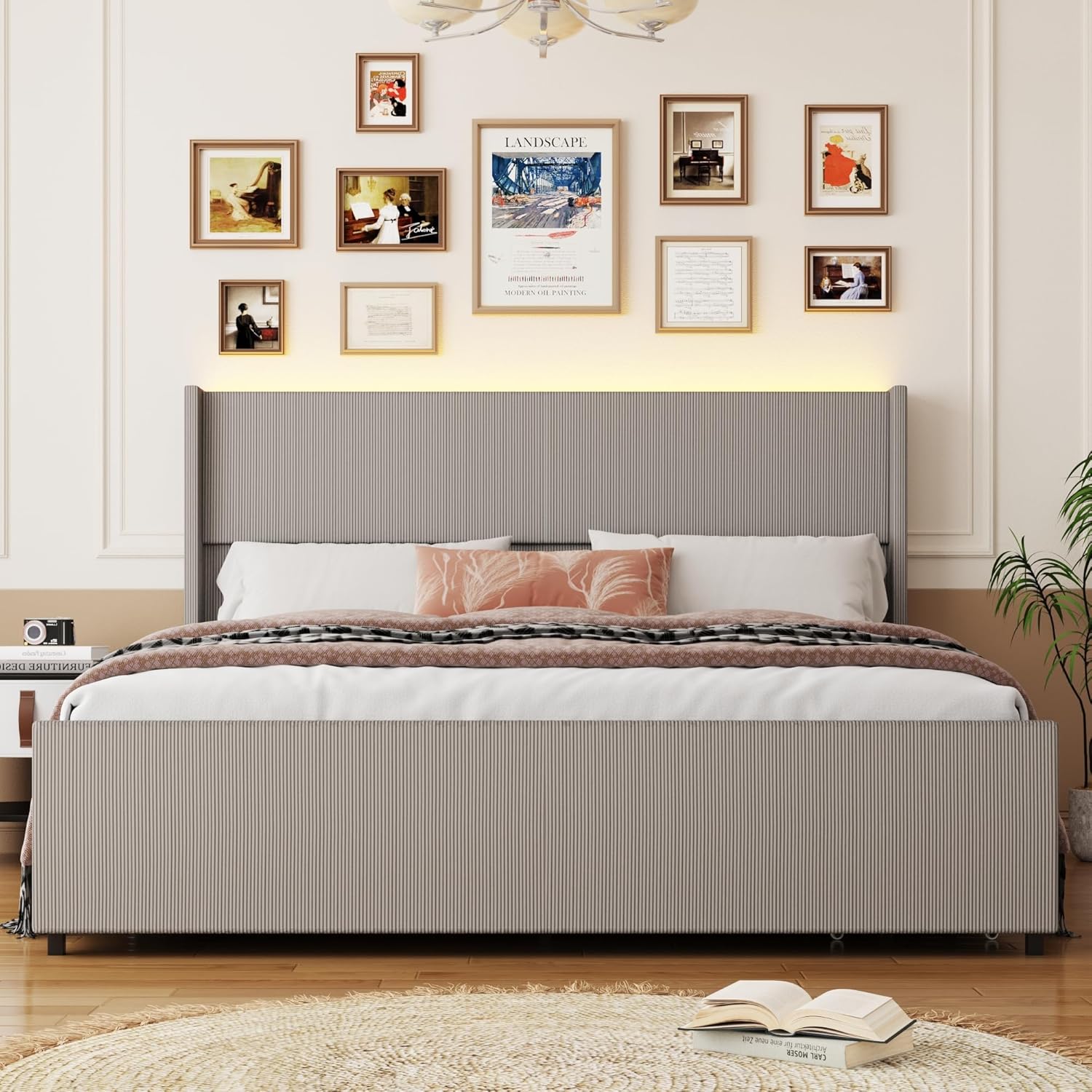 ANPOO Queen Size LED Upholstered Bed Frame with Drawer, Wingback Platform Bed Frame with 52" Headboard & Footboard, Corduroy Bed Frame No Box Spring Needed/Noise Free