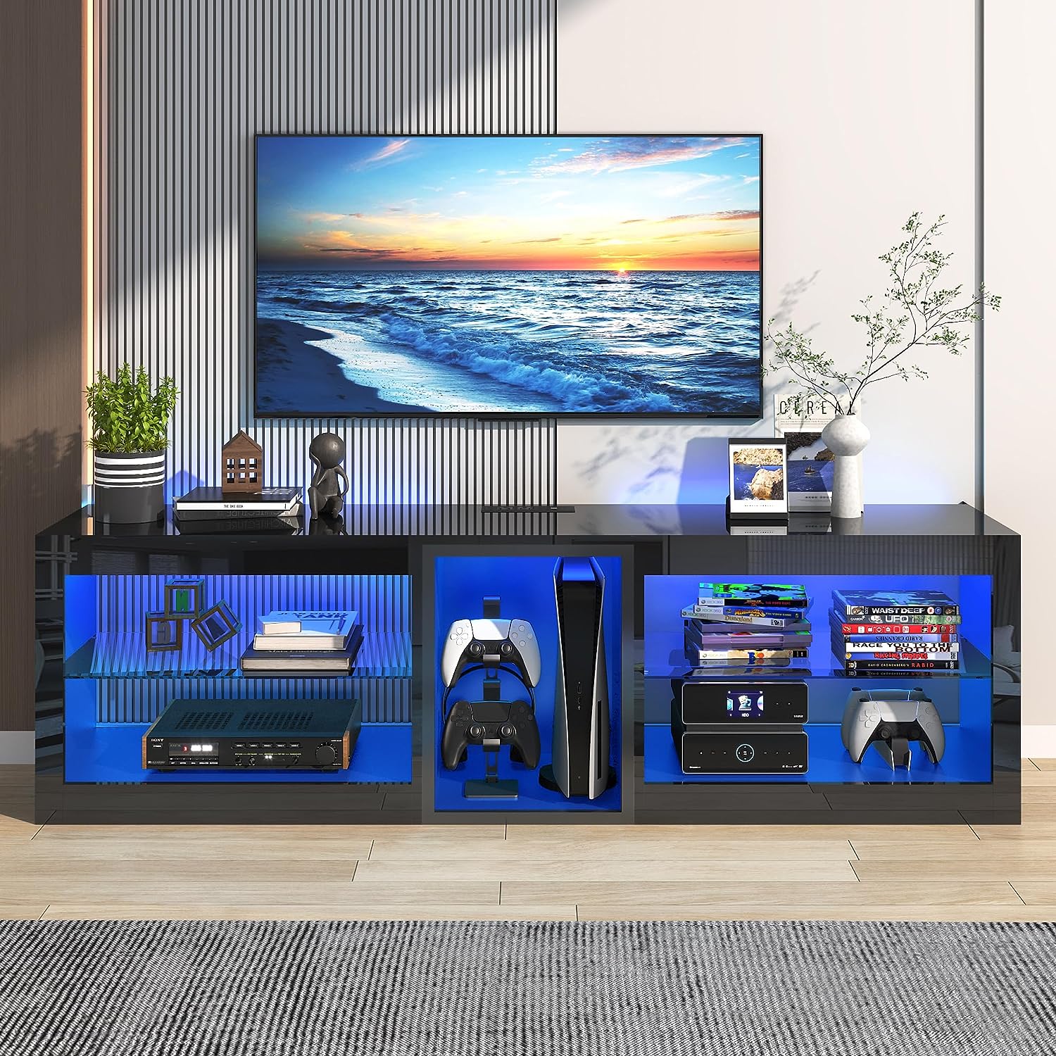 ChVans Modern LED TV Stand for TVs up to 70" with Adjustable LED Lights/Outlet, High Gloss Entertainment Center with Open Shelves Storage, Media Console TV Stands for Living Room, Game room, Bedroom
