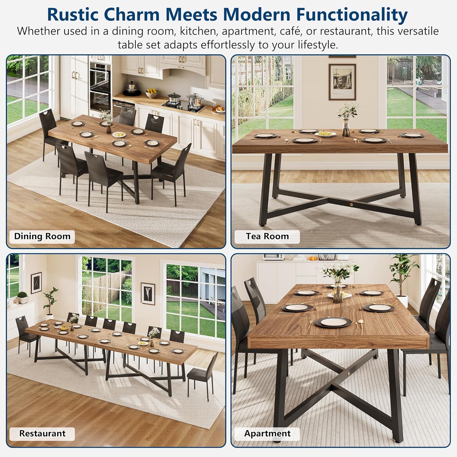 ANPOO 7 Pieces Dining Table & Chairs Set for 4-8 People, 71 Inch Kitchen Table with 6 Chairs, Rectangle Dining Table with Metal Legs for Dining Room, Living Room
