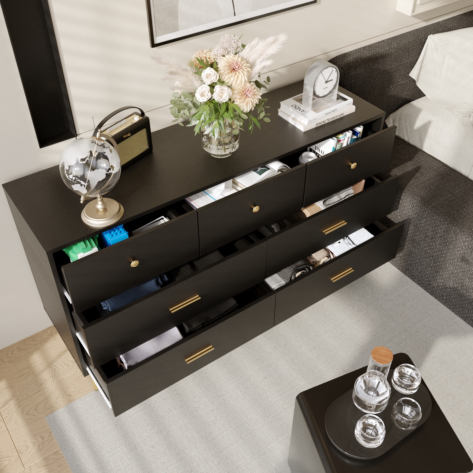 6 Drawer Dresser for Bedroom, Modern Wood Dresser with Wide Drawers and Metal Handles, Storage Chest of Drawers for Living Room Hallway Entryway